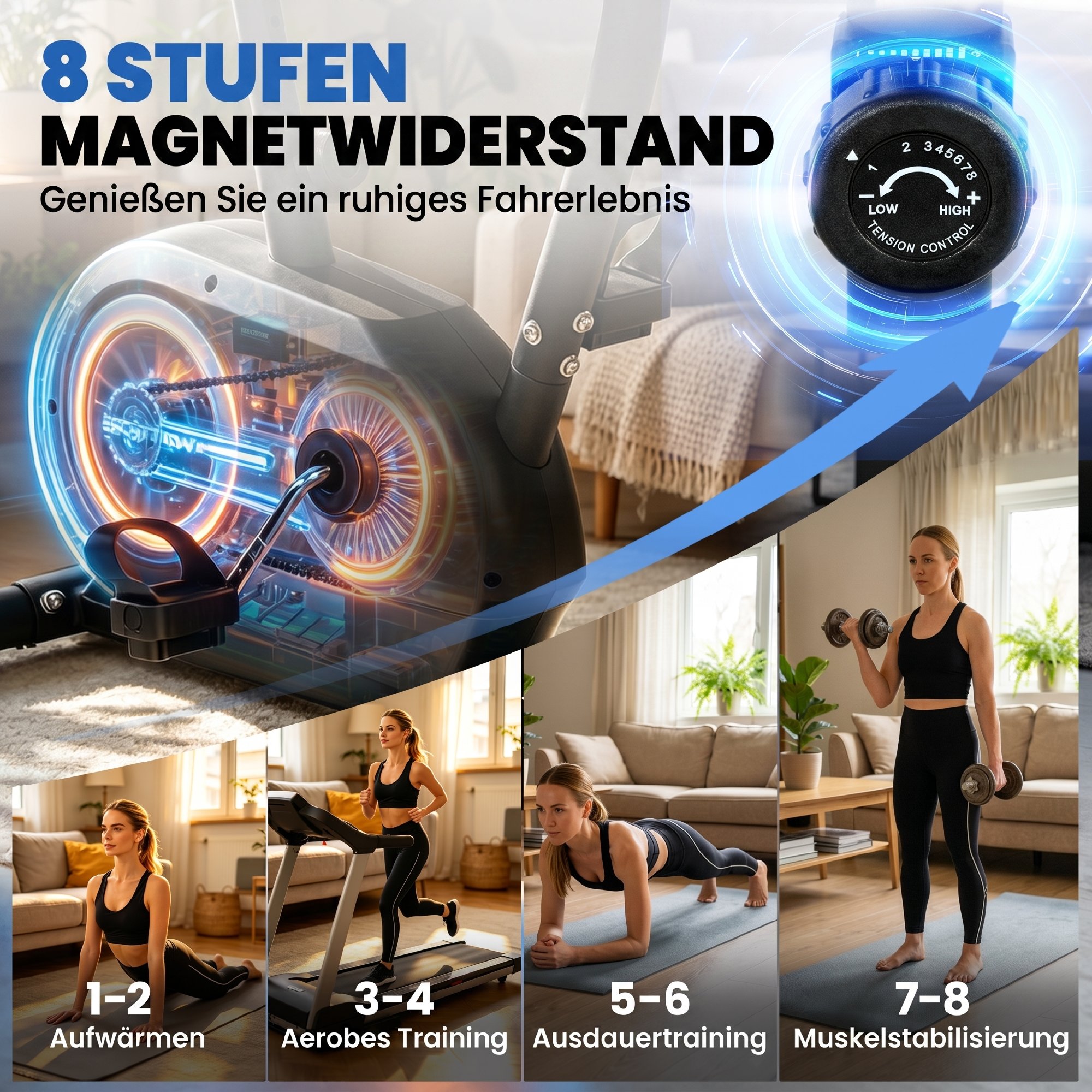 Heimtrainer Fahrrad Höhenverstellbar Hometrainer mit APP Magnetwiderstand LCD-Monitor Pulssensoren Handyhalterung