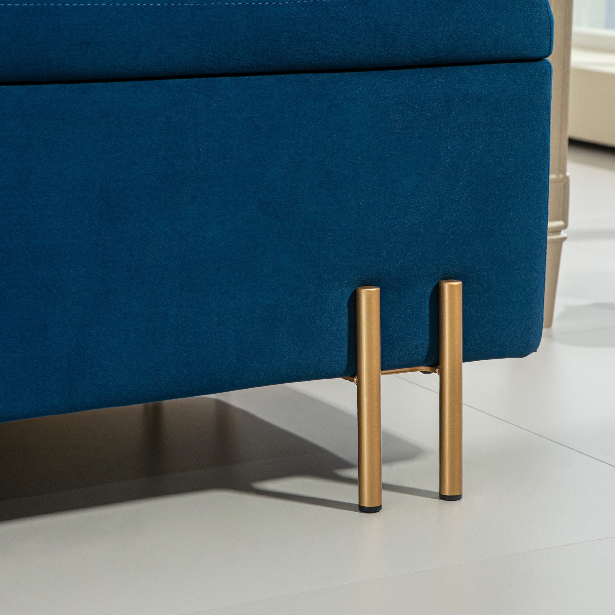 Sitzbank, Polsterbank mit Stauraum, Metall, Kautschukholz, Schaumstoff, 100 x 40 x 42 cm, Dunkelblau