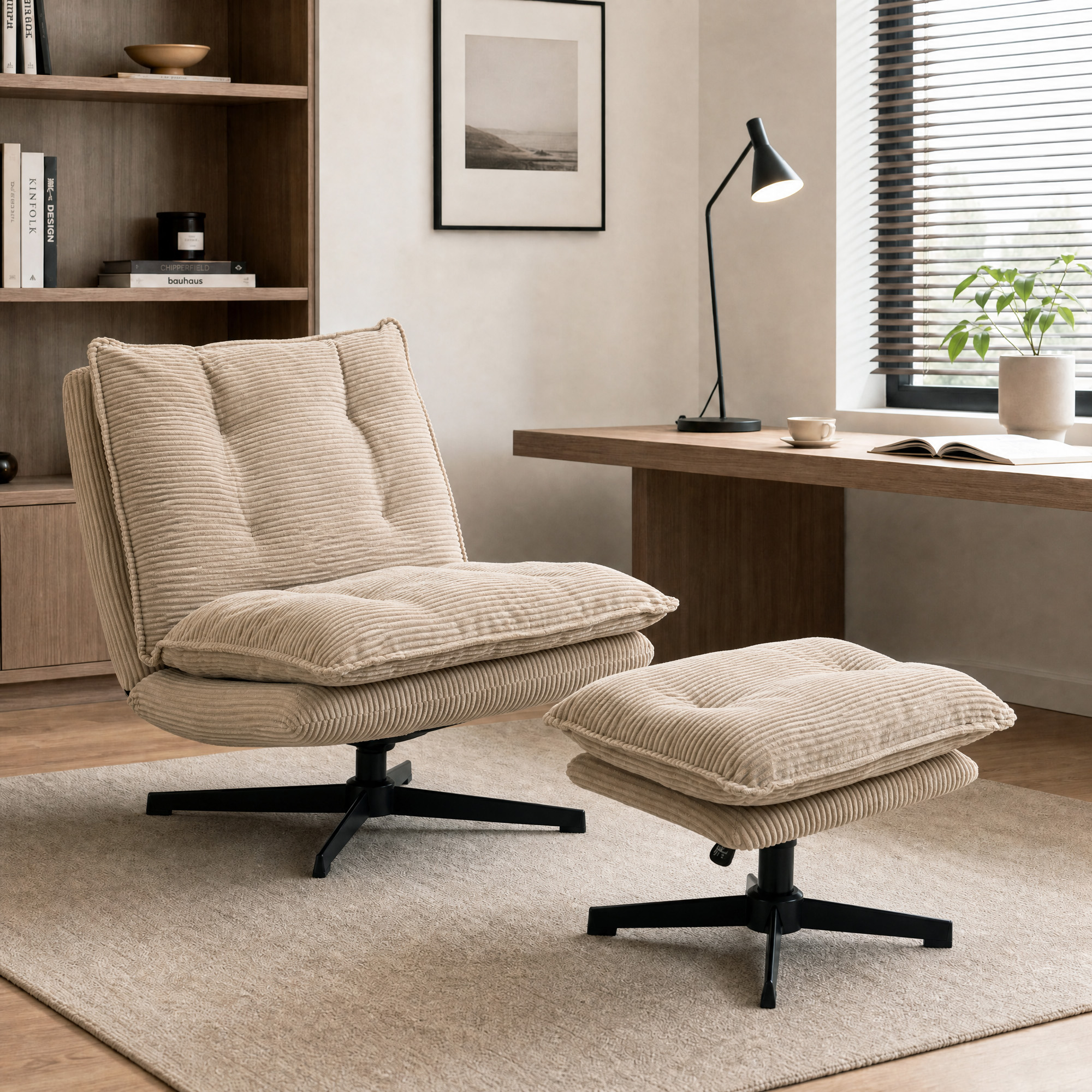 Loungesessel mit Hocker, 360° drehbar, Cordbezug, höhenverstellbare Fußstütze, Beige