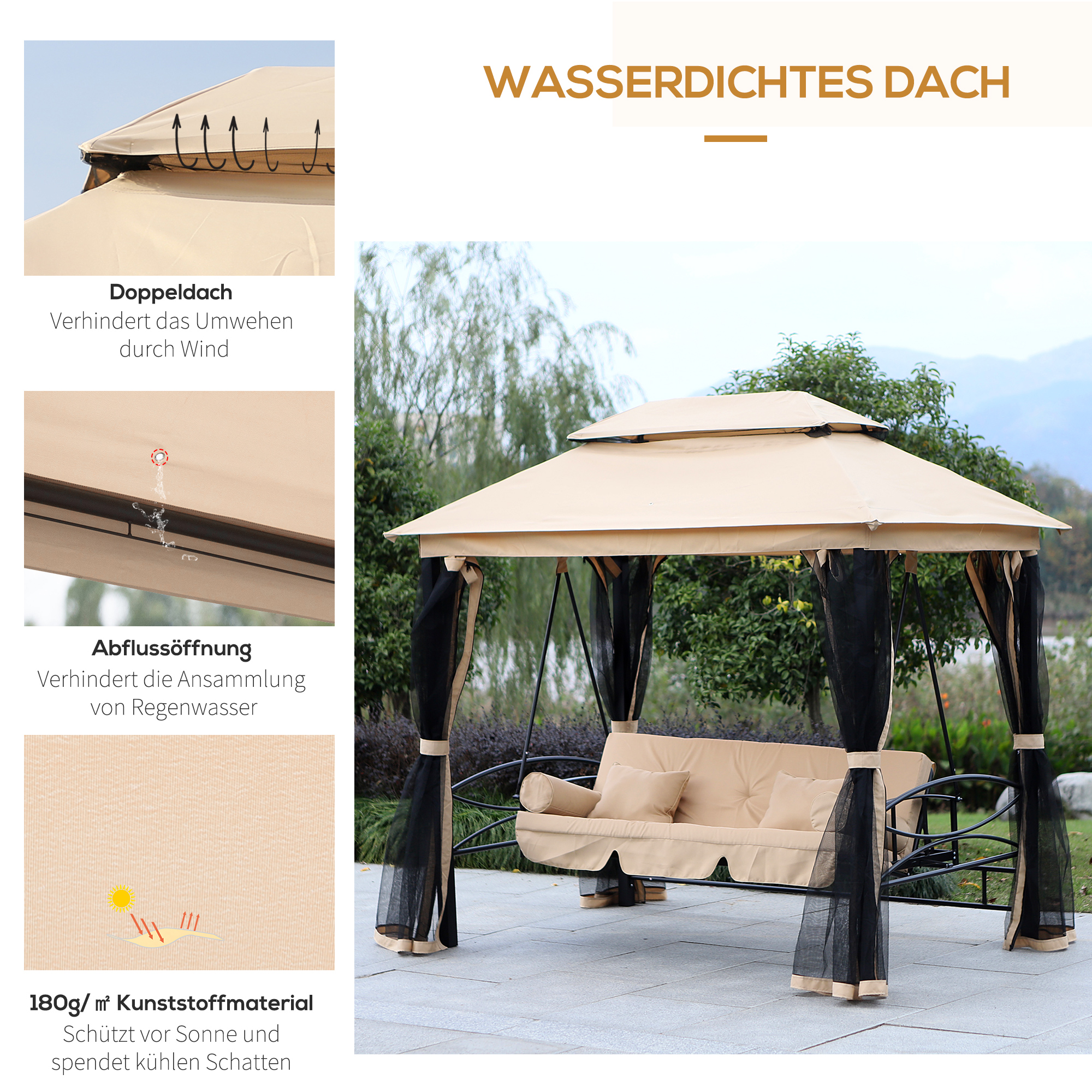 Hollywoodschaukel Gartenschaukel Schaukel mit Seitenwänden 3-Sitzer Beige 256 x 172 x 248 cm