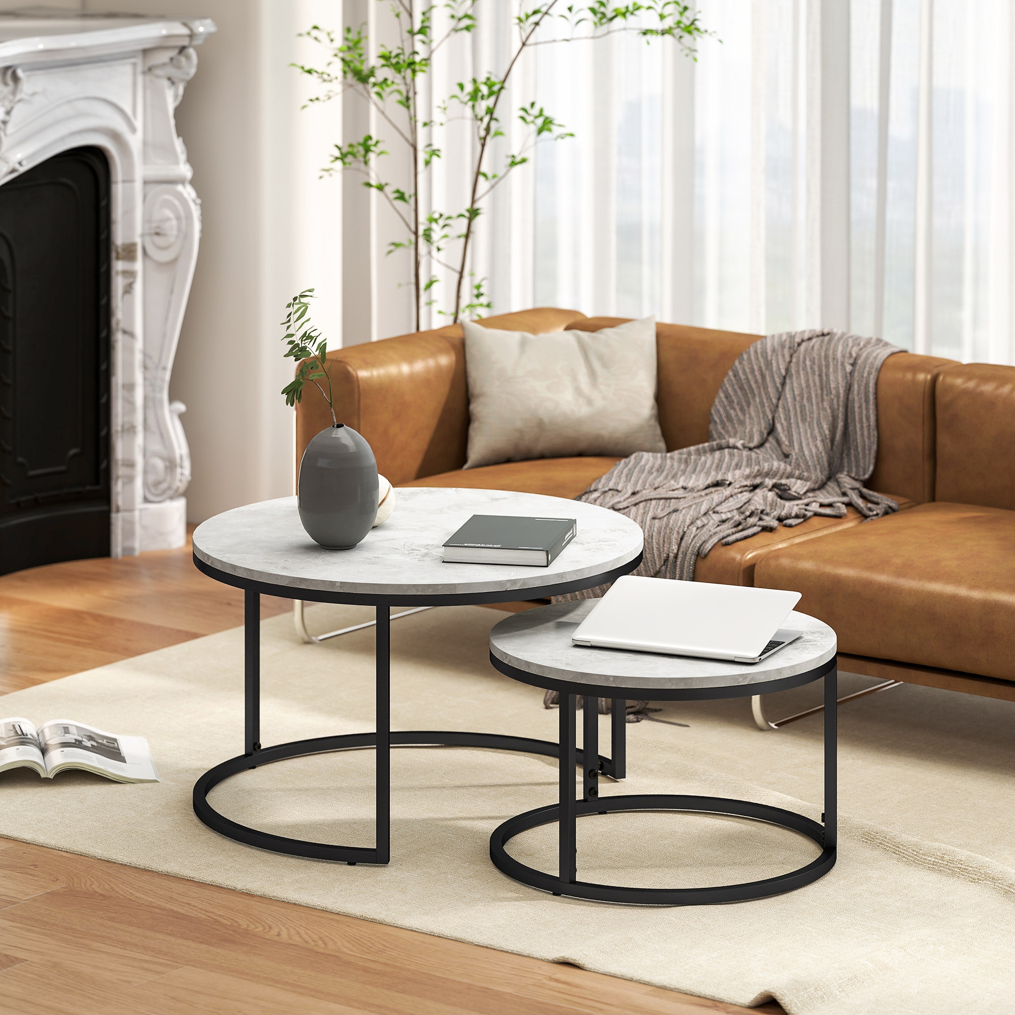 Couchtisch-Set, 2 runde Satztische, Industriedesign, Metallgestell, Betonoptik/Schwarz