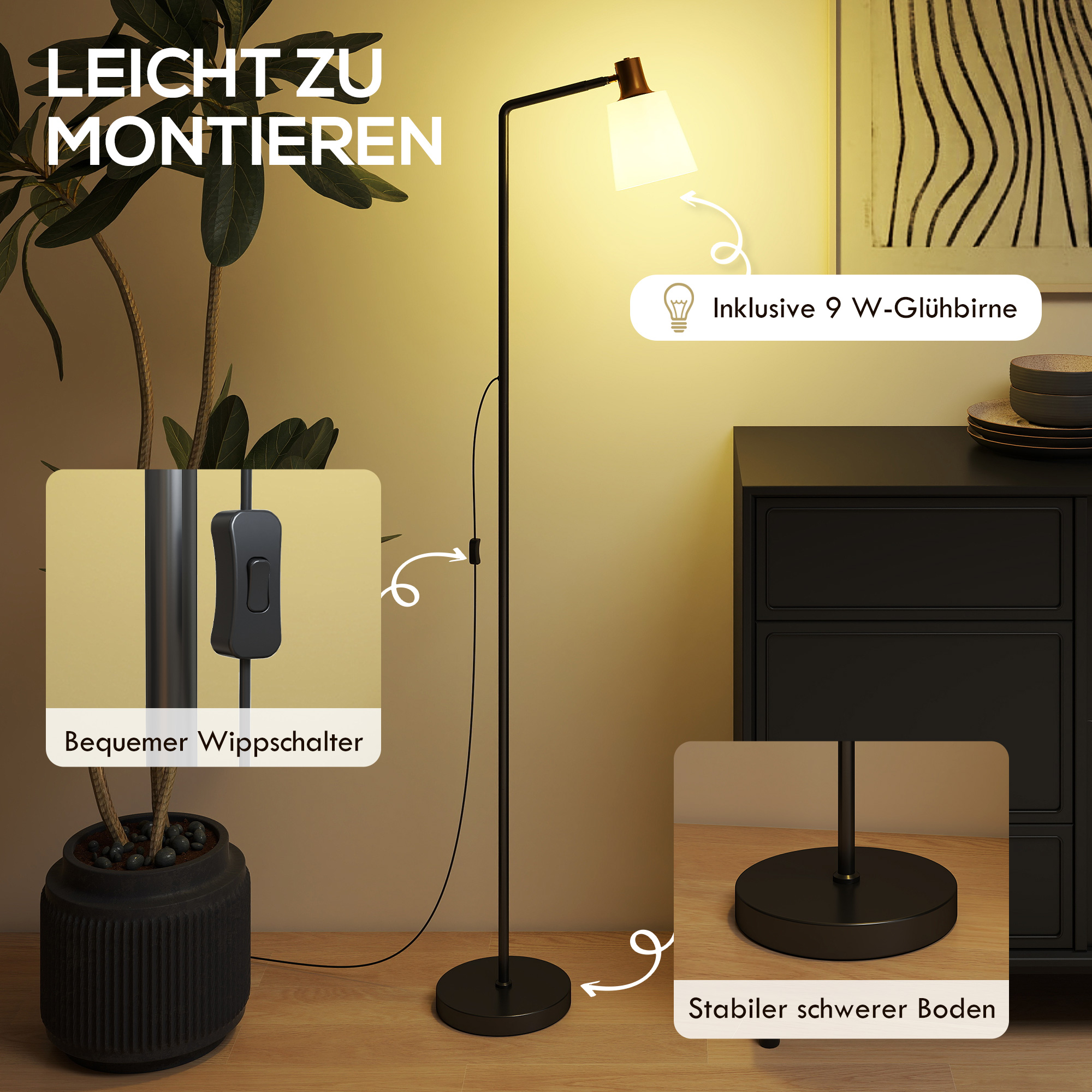 LED Stehlampe Wohnzimmer Stehleuchte mit 350° drehbar Kopf Standleuchte mit 3000K/4000K/6500K Farbtemperaturen Schwarz