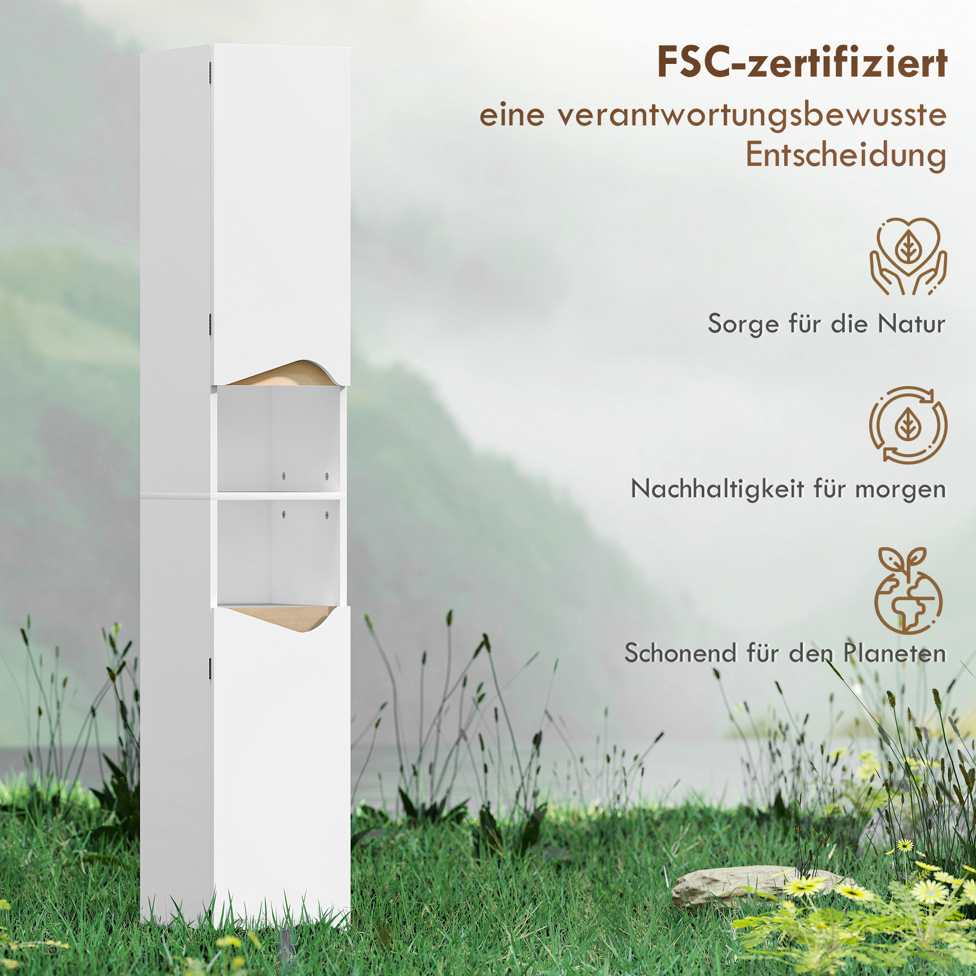 Badezimmerschrank Schmal Hochschrank mit 2 Türen, 2 Offenen Fächern, für Badezimmer 30 x 34,6 x 182 cm Weiß