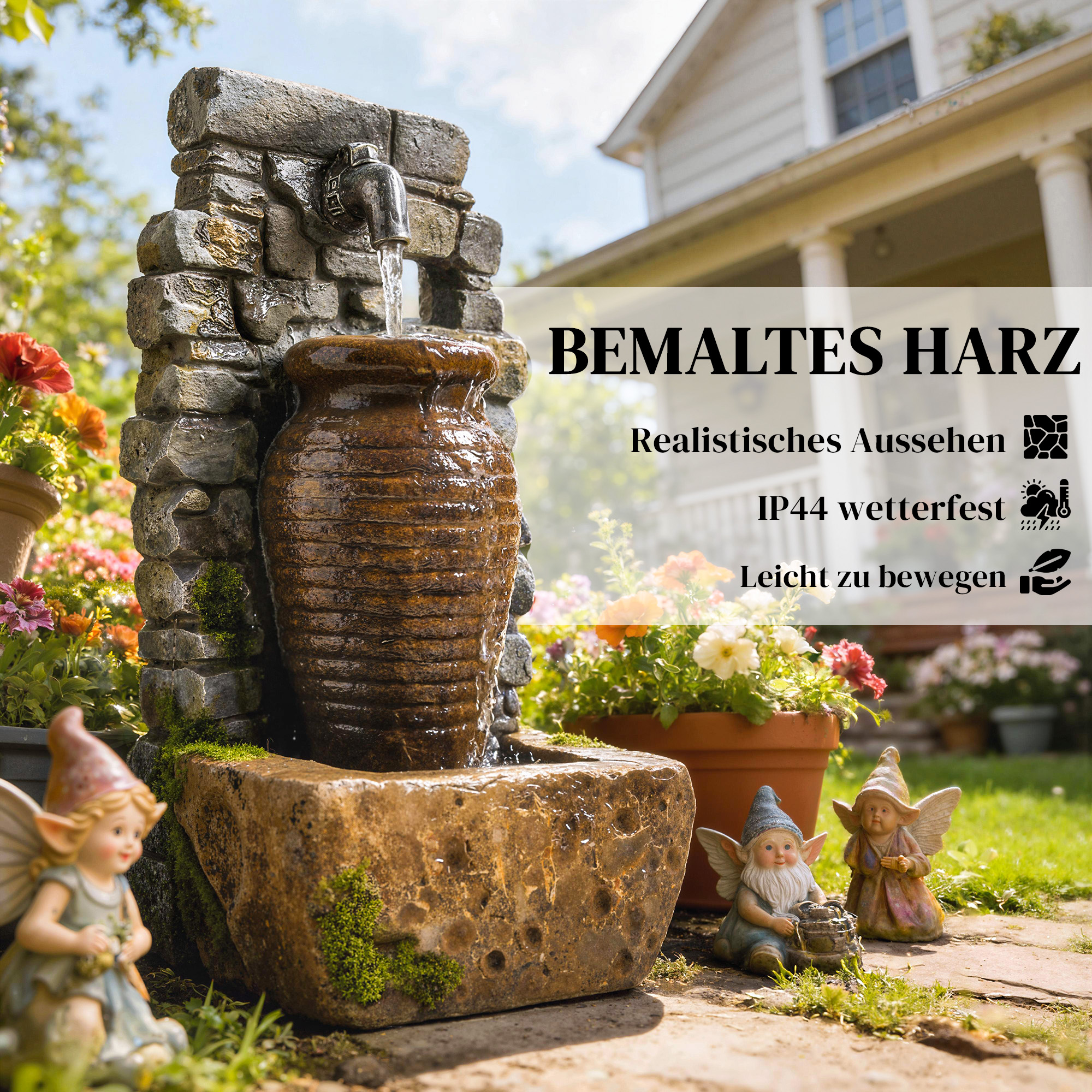 Gartenbrunnen mit einstellbarem Wasserfluss und 3-stufiger rustikaler Steinwand im Krugdesign