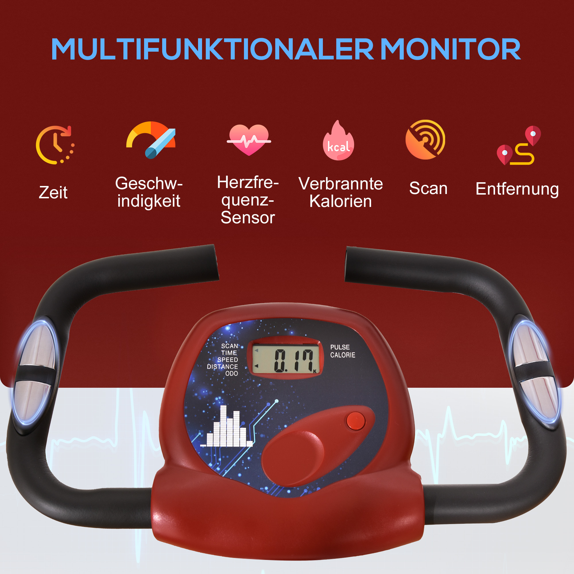Heimtrainer mit Magnetwiderstand, 8-Stufen, höhenverstellbar, LCD-Display, Rot + Weiß