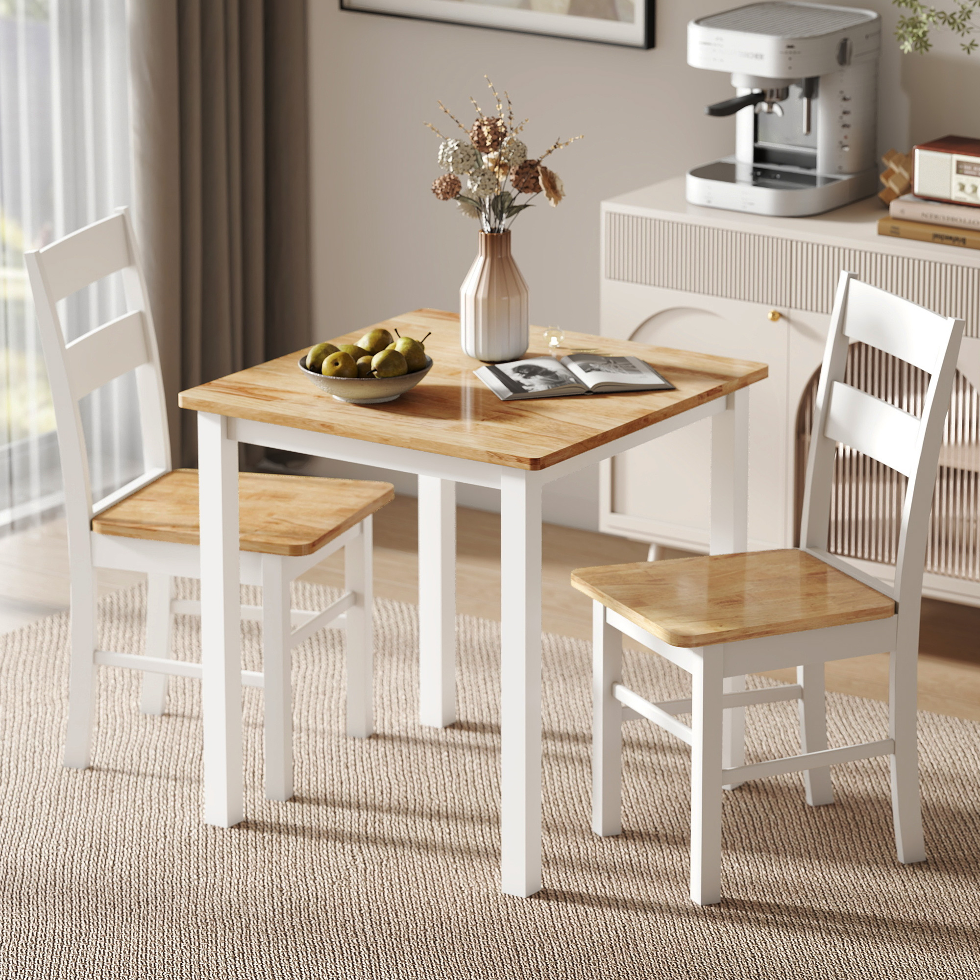 2er-Set Küchenstühle, Kautschukholz, gebogene Sprossenlehne, Weiß