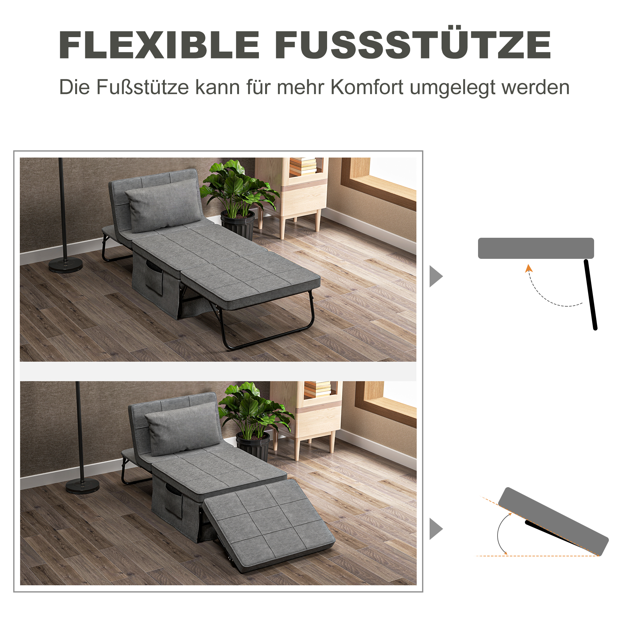 4-in-1 Klappbett, Gästebett, höhenverstellbar, Matratze, Seitentaschen, Metallrahmen, grau, 188 x 75 x 38 cm