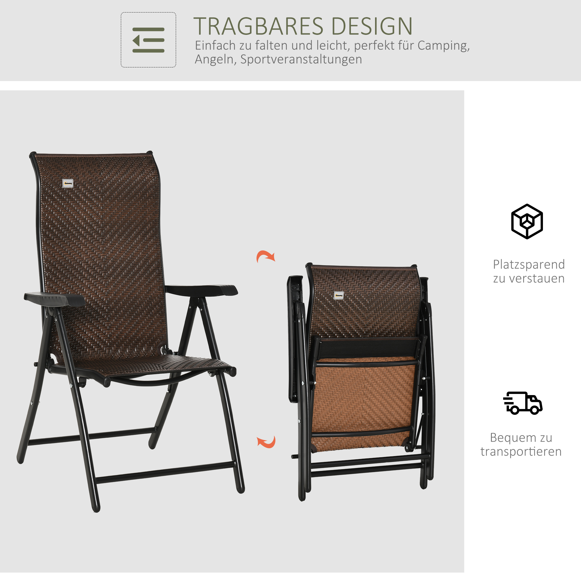 Polyrattan Gartenstuhl Klappstuhl mit 7-Fach Verstellbarer Rückenlehne wetterfester klappbar Balkonstuhl Campingstuhl 120kg Belast Gartenstühle für Garten, Balkon 58x71x111cm Braun+Schwarz