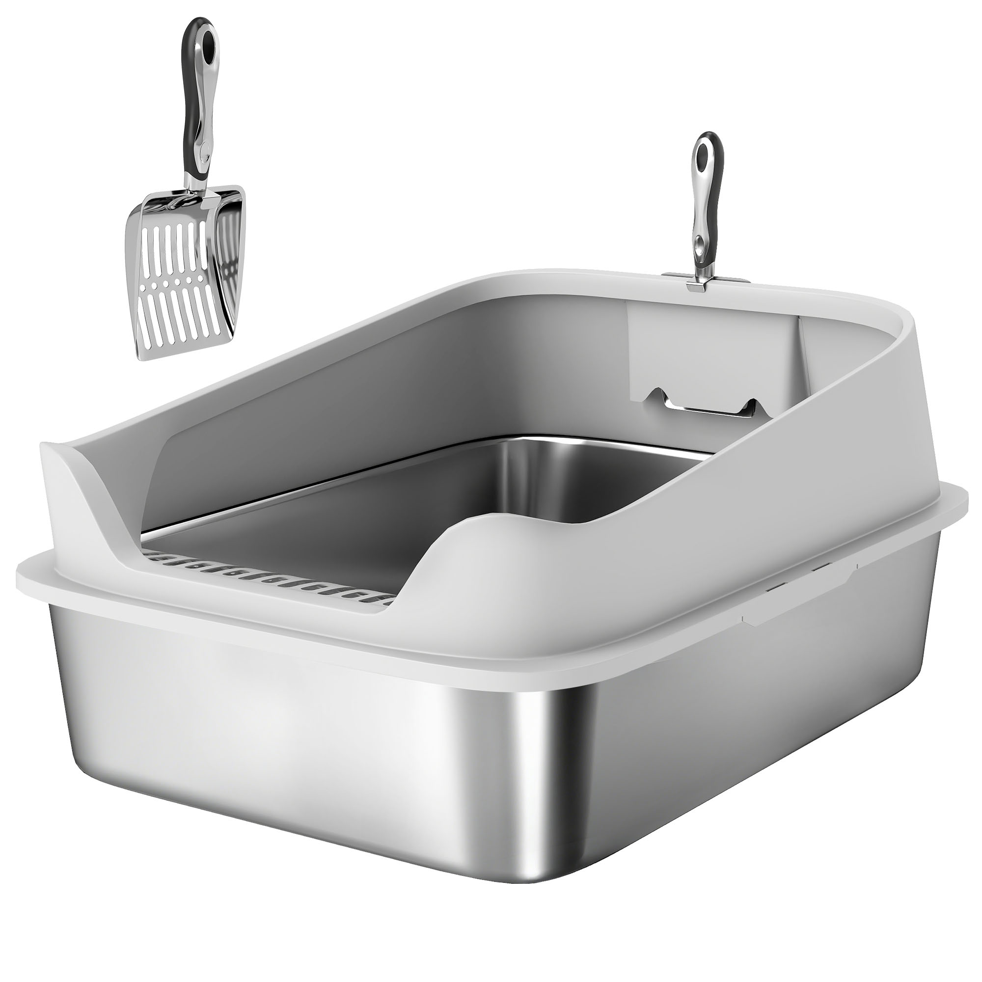 Katzentoilette Edelstahl Offene Katzenklo mit Schaufel hohem Rand für große Katzen bis 12 kg 69,8 x 50,3 x 29,8 cm Grau