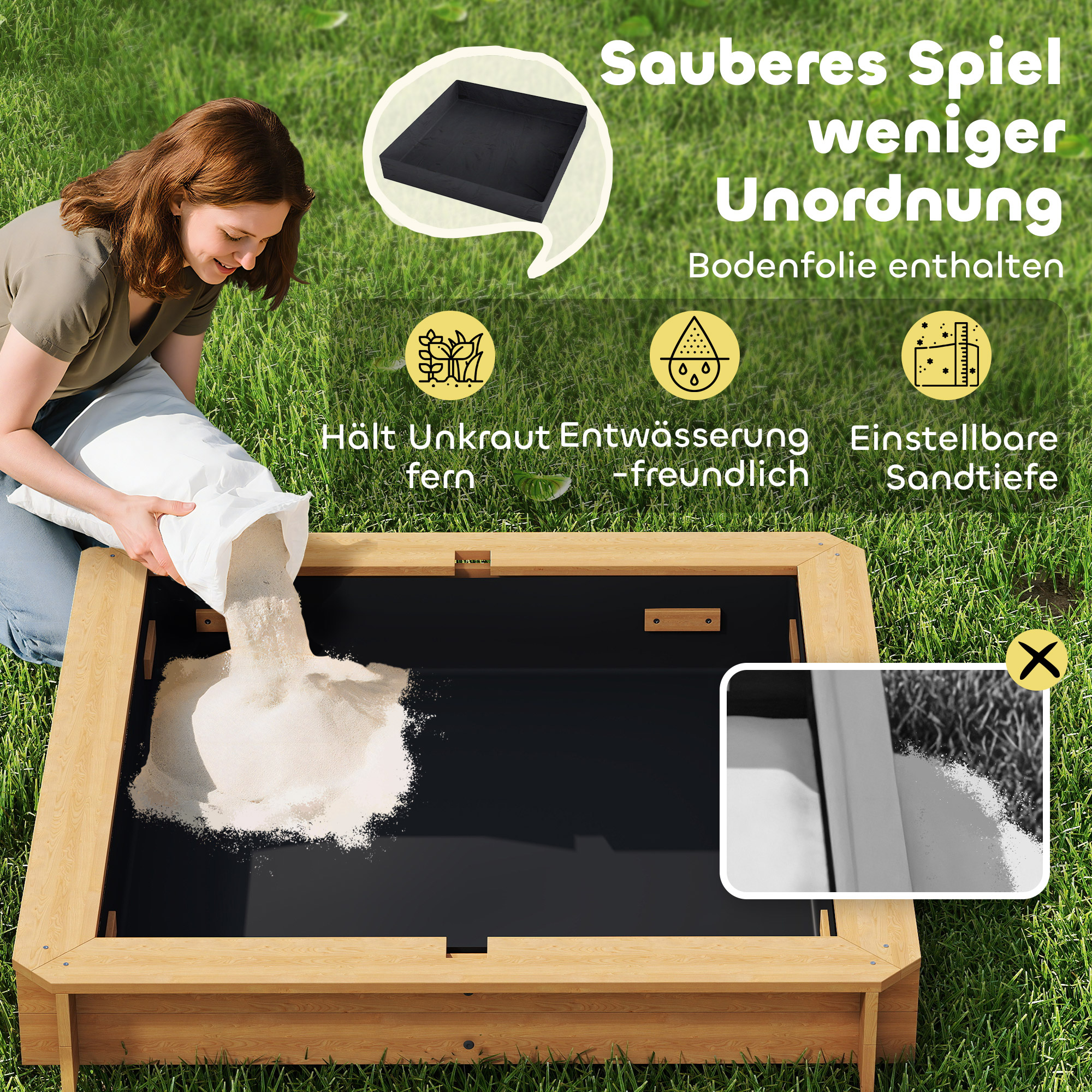 Sandkasten 106x106 cm Kinder Sandbox aus Holz mit höhenverstellbar Abdeckung Sitzbänken Rücklehnen Hellbraun