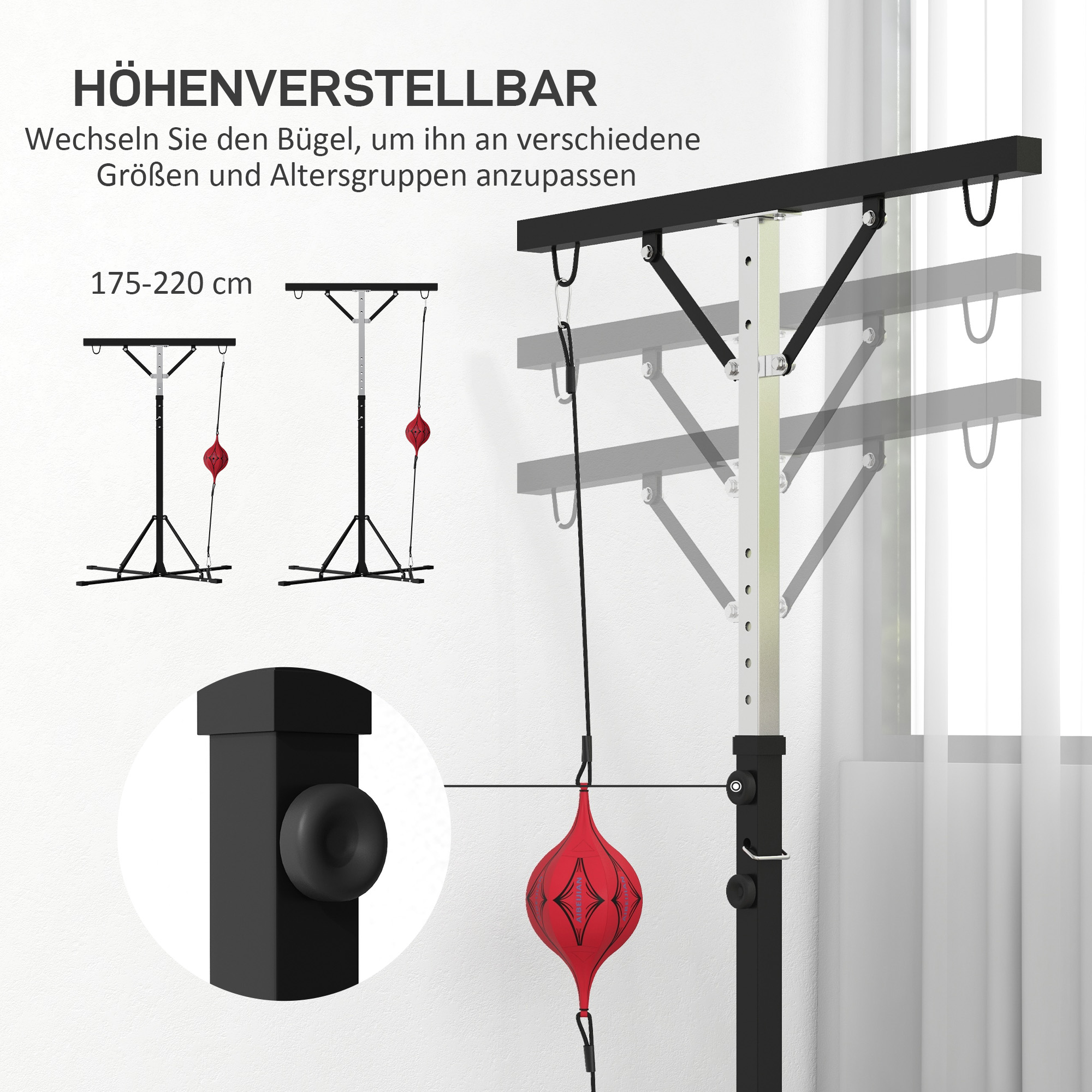 Boxsackständer, höhenverstellbar, mit Speedball, Metallrahmen, 160L x 145B x 175-220H cm, Schwarz