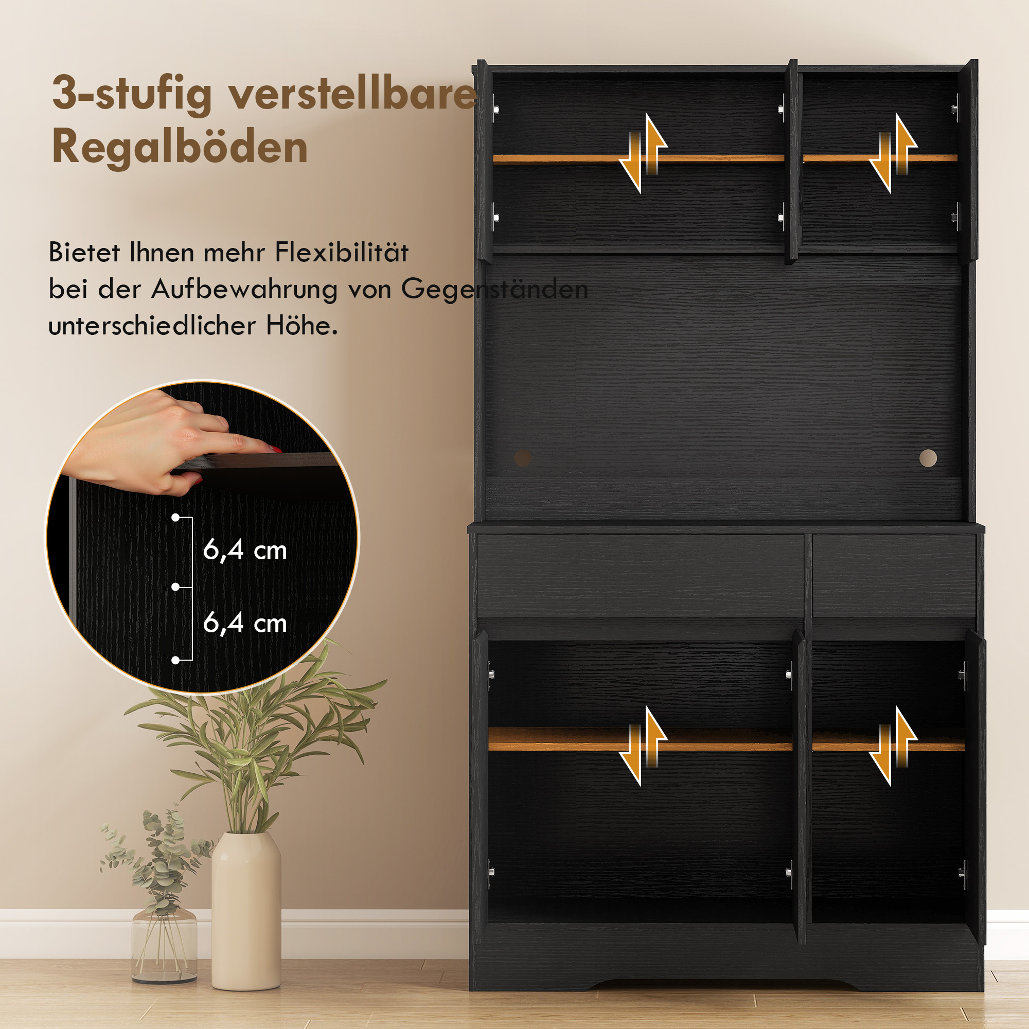 Buffet-Küchenschrank mit Arbeitsplatte, 6 Türen, hoher Stauraumschrank mit Regalen, Schwarz