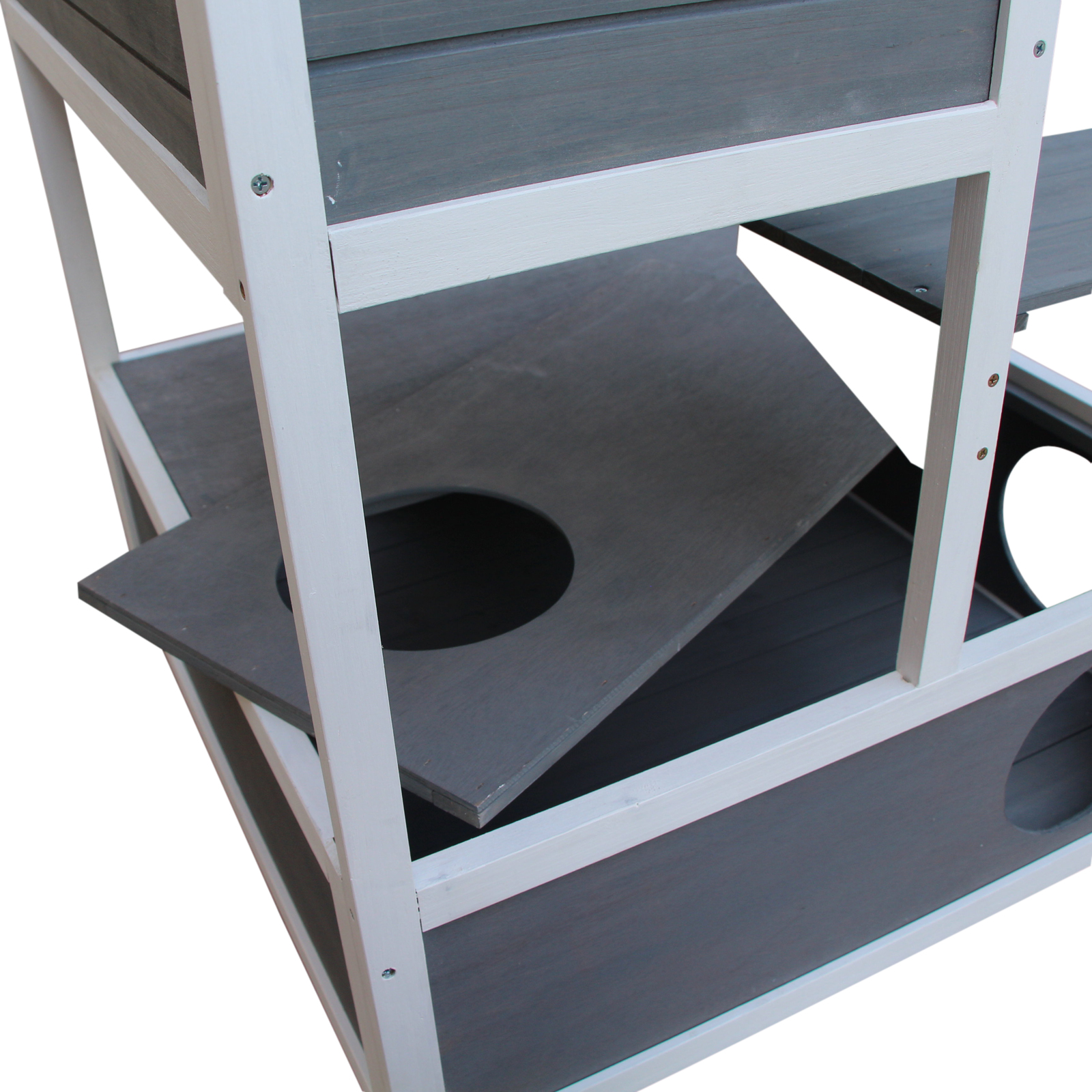 Katzenhaus, Tannenholz, Katzenhütte für draußen mit Terrasse, Katzenhöhle, 4 Etagen, Katzenvilla mit Treppe, Asphaltdach, Winterfest, Kleintierhaus, Grau, 75,5 x 75 x 137 cm
