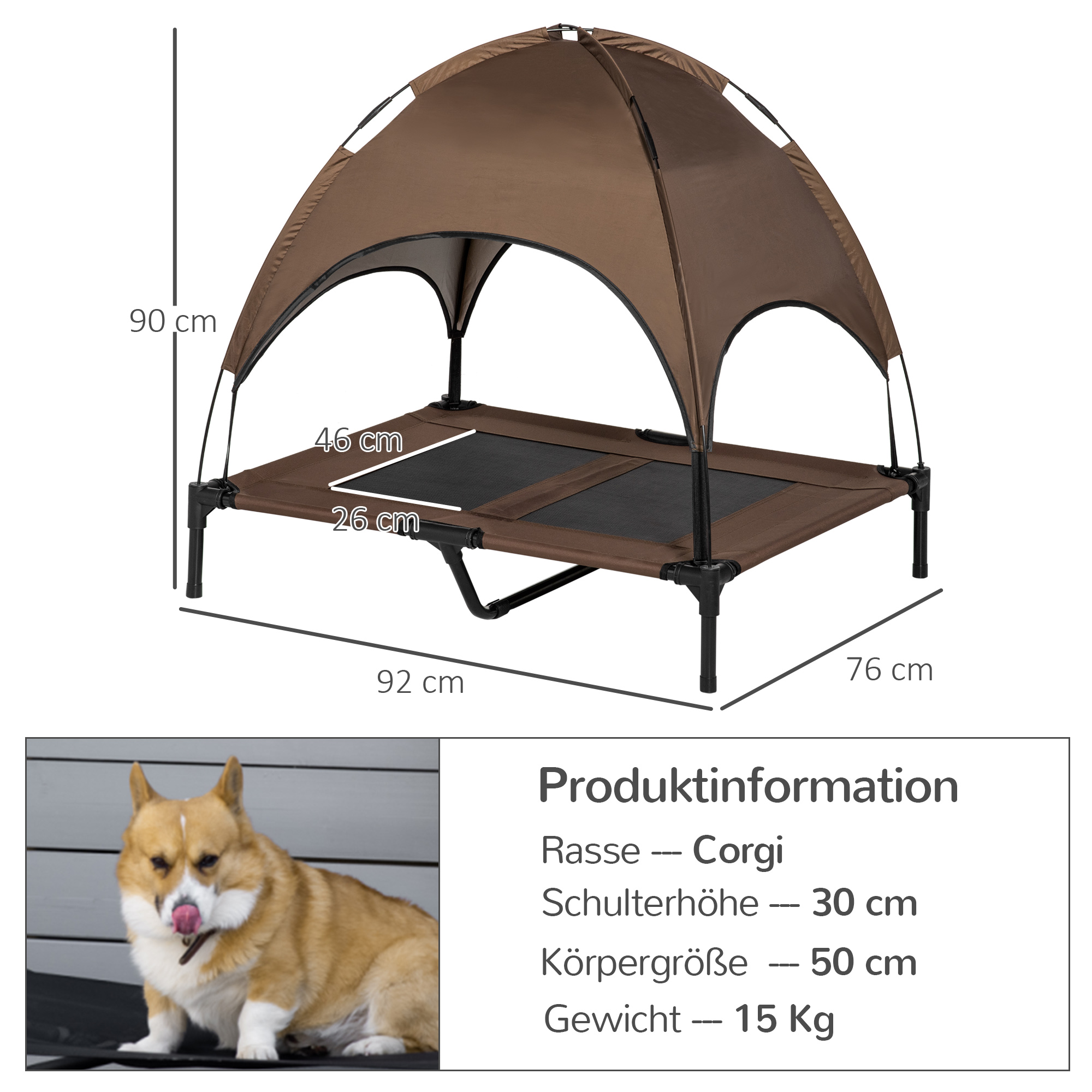 erhöhtes Hundebett mit Baldachin, Haustierbett, Hundeliege outdoor mit Dach, Atmungsaktiv, Taftstoff für Camping Kaffee 92 x 76 x 90 cm