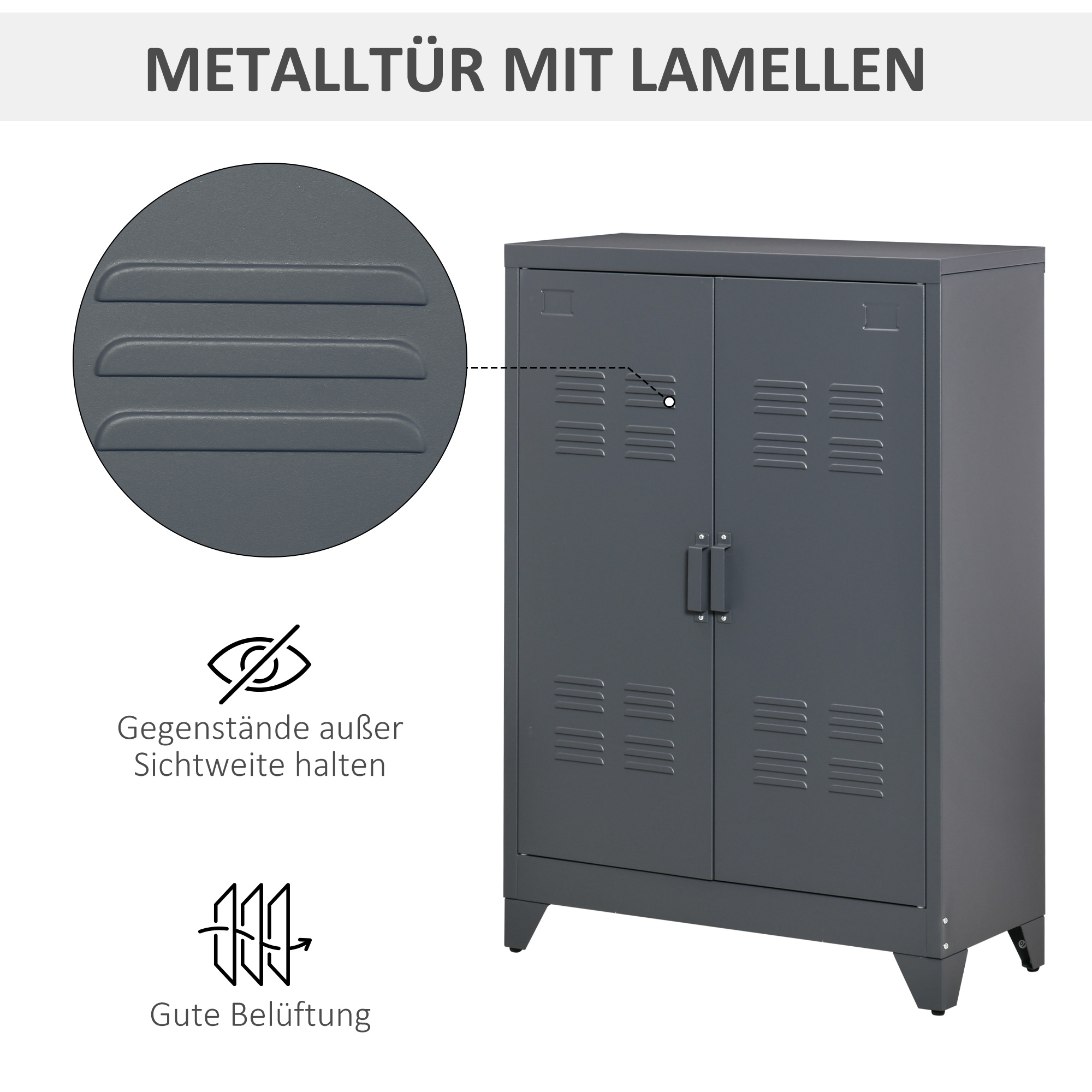 Aktenschrank mit Lamellentüren, Lagerschrank, Metallschrank mit 2 verstellbaren Einlegeböden, 75 x 33 x 110 cm, Grau