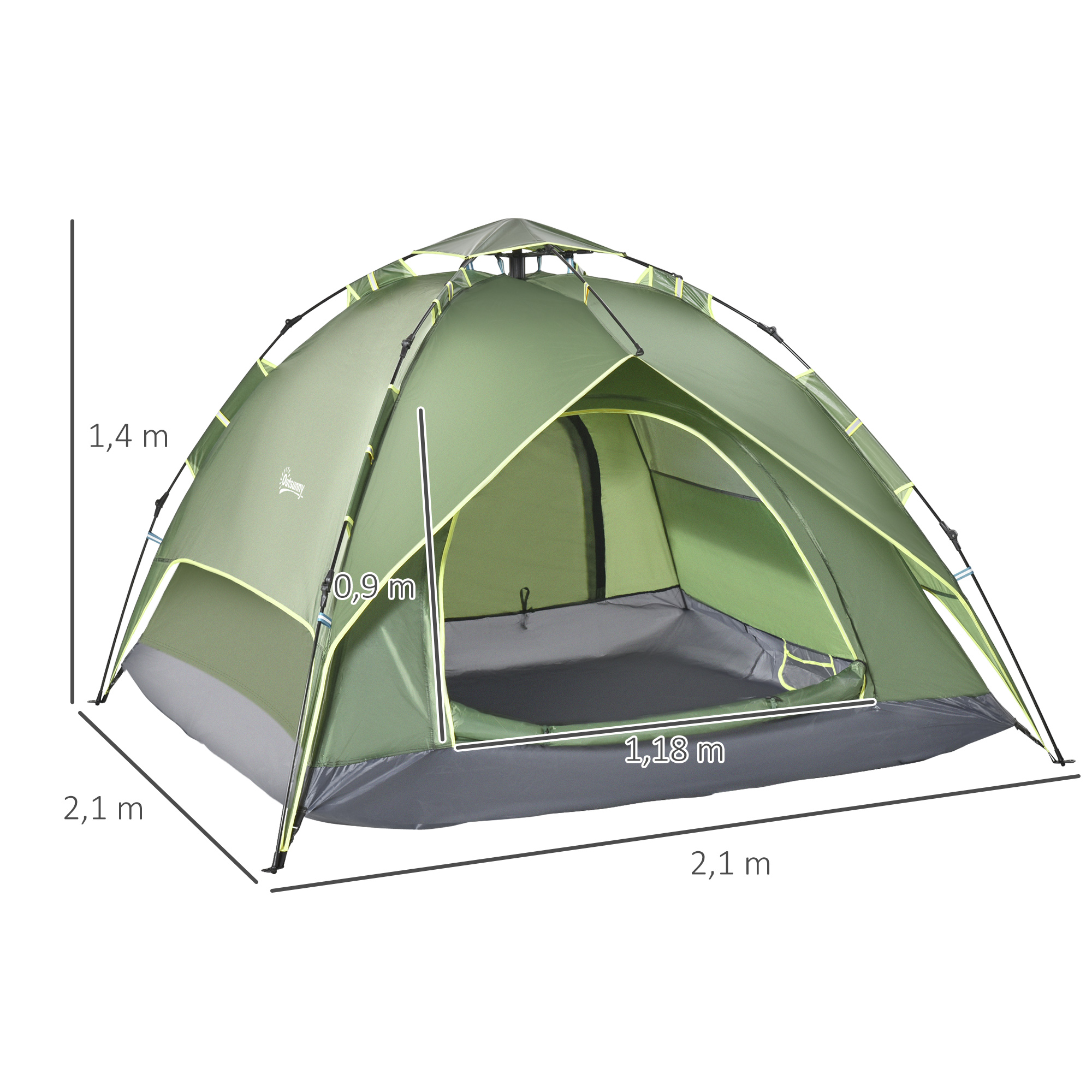 Doppelzelt Campingzelt Outdoorzelt Familienzelt Quick-Up-Zelt 2 Erwachsene + 1 Kind 4 Jahreszeiten wasserdicht Tragetasche 2 Türen Polyester + Glasfaser Dunkelgrün 210 x 210 x 140 cm
