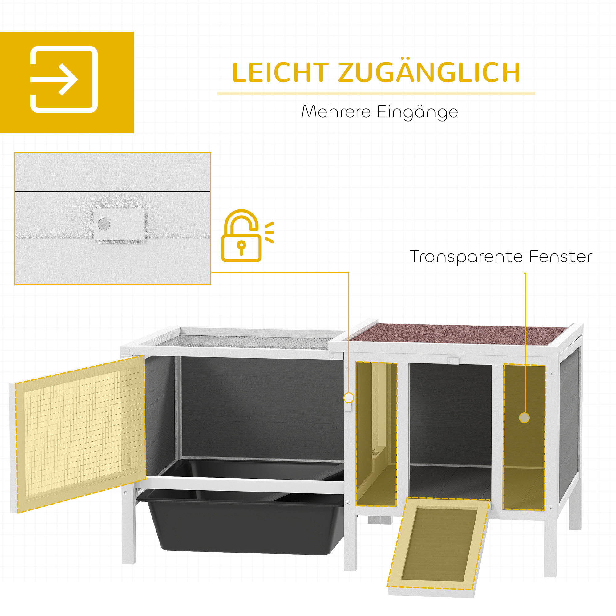 Hasenstall Kaninchenstall aus Holz mit Freilaufgehege, Rampe, 3 Eingängen, Ausziehschale, 105 x 57,5 x 51,5 cm Grau