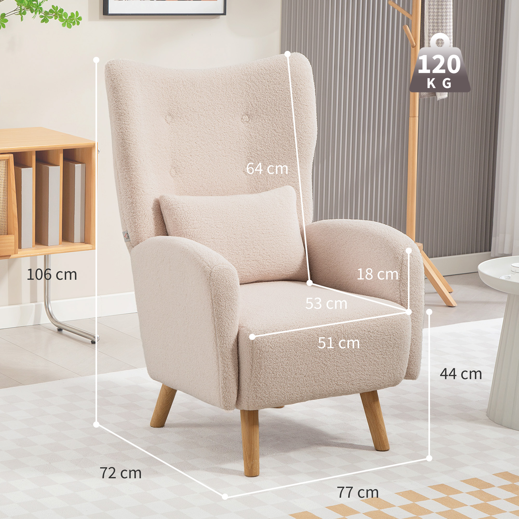 Akzentstuhl, Polstersessel mit Plüschbezug, Schaumstoffkissen, Ohrensessel, Beige