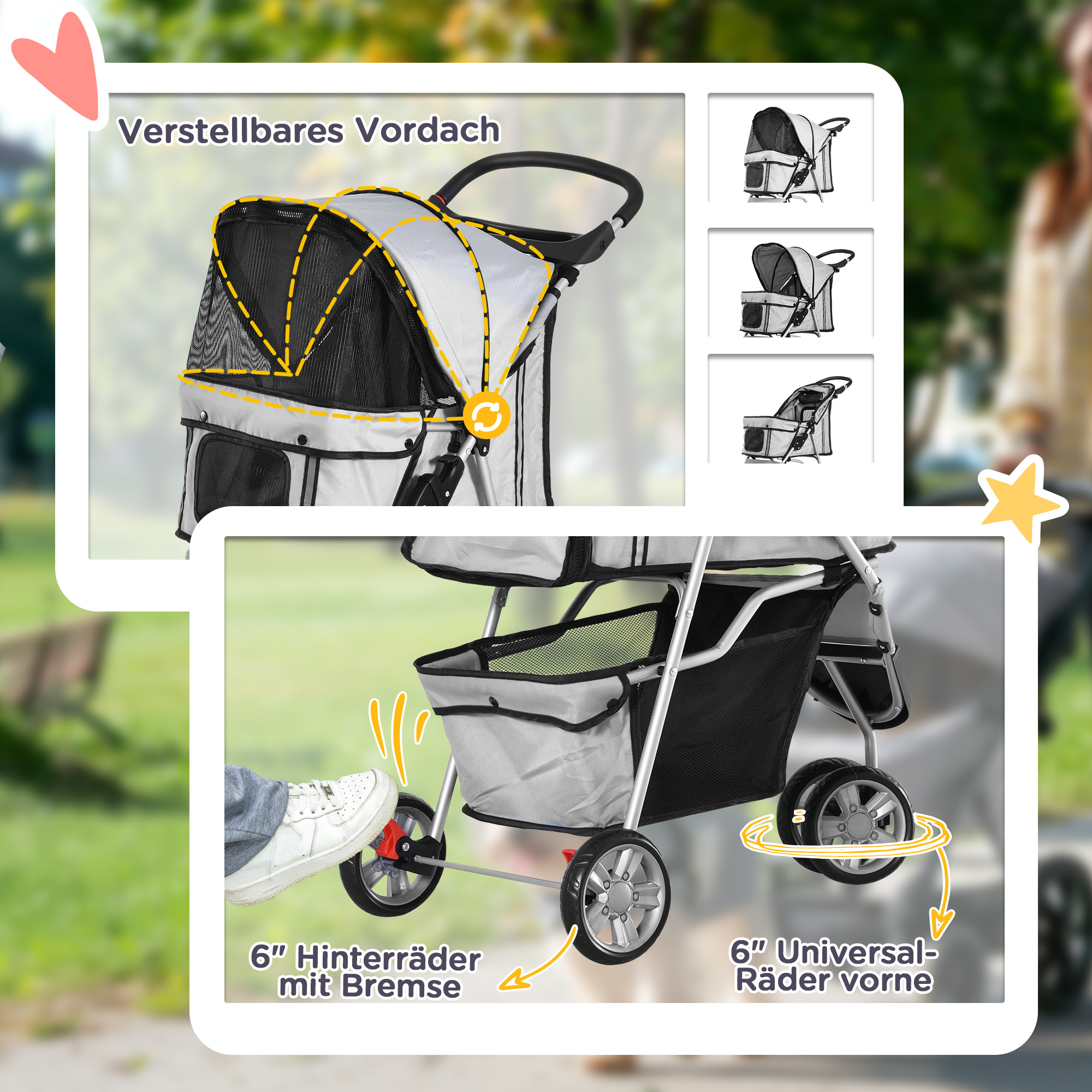 Hundewagen Hundebuggy bis 10 kg Klappbar Bodenkorb 2 Becherhalter verstellbares Vordach Grau