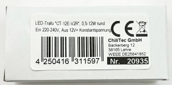 LED-Trafo "CT-12E-V2R", 0,5-12W rund / Ein 220-240V, Aus 12V= Konstantspannung