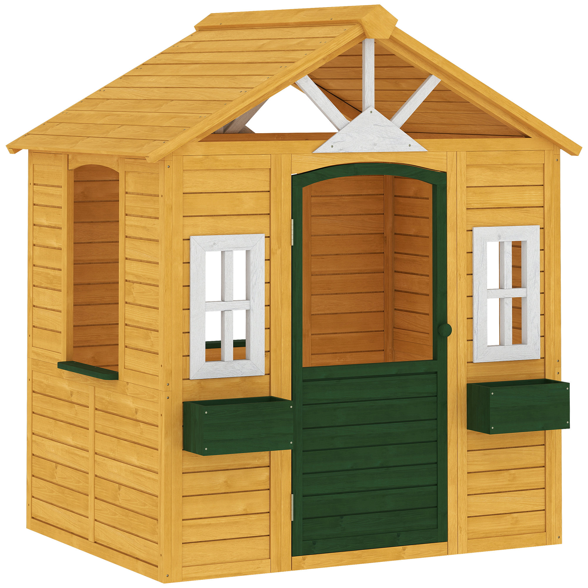 Kinderspielhaus Holz Spielhaus Outdoor mit Tür 3 Fenster 2 Blumenkästen für 3-8 Jahre Kinder 134,5 x 97 x 150 cm Braun