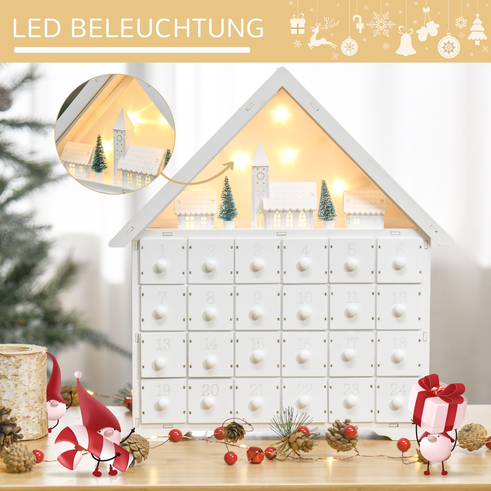 Adventskalender Weichnachtsdekoration Weihnachtsdeko, 24 Schubladen, LED-Lichter, 39 cm x 9 cm x 42 cm, Weiß + Grün