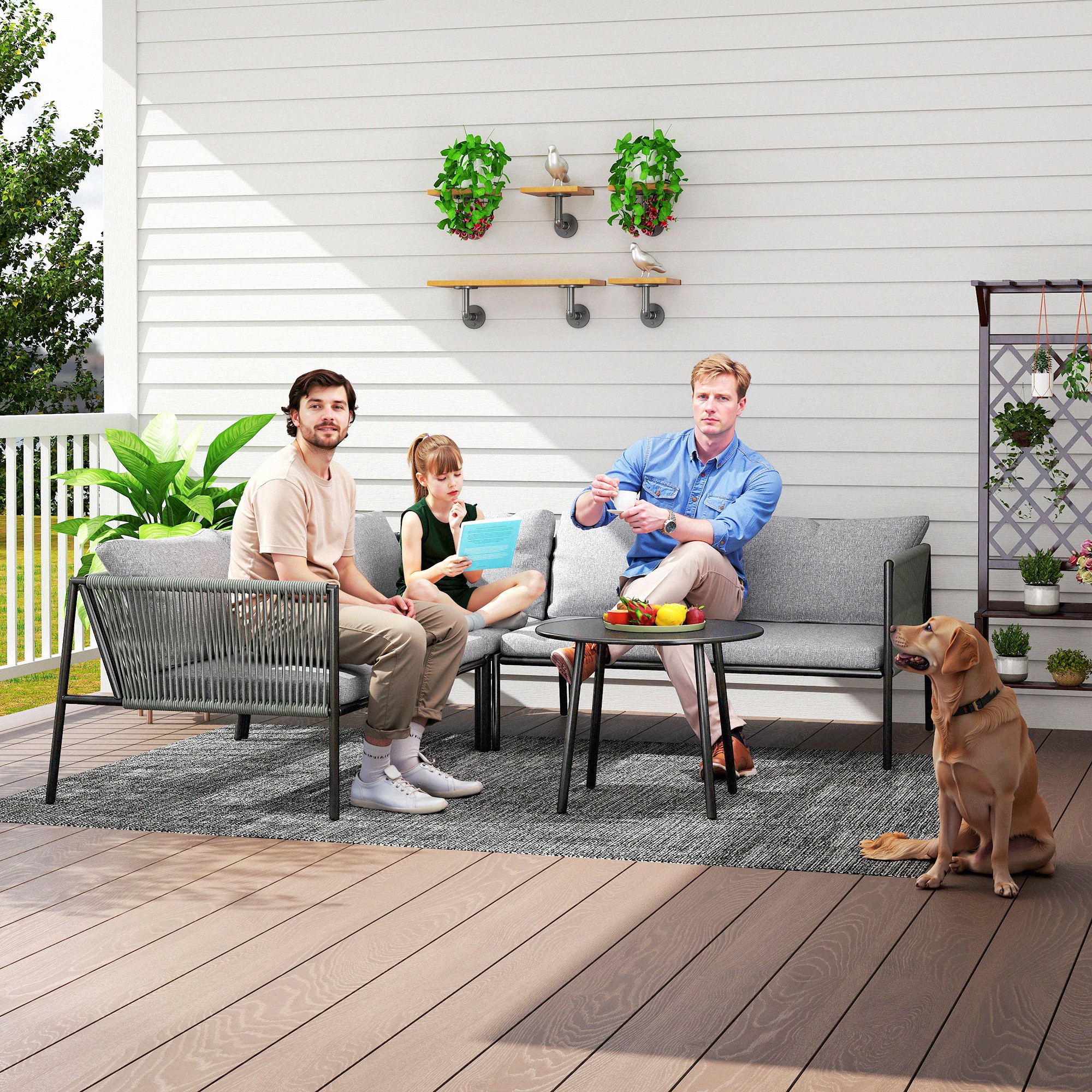 Gartenmöbel Set Polyrattan Lounge-Set mit Ecksofa Tisch Kissen für 6 Personen Dunkelgrau