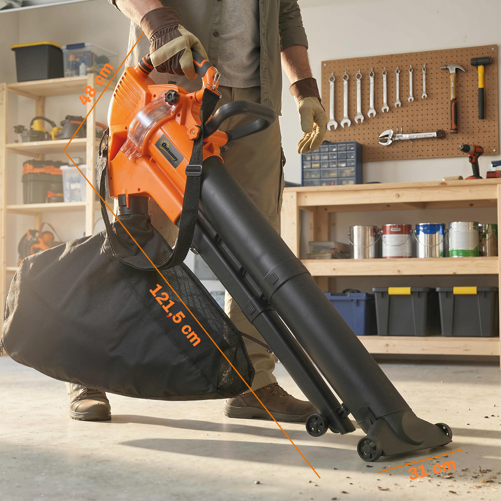 3000W 3-in-1 Elektrischer Laubbläser und Staubsauger mit 40L Auffangbeutel, 4 Rädern, verstellbarem Gurt, Orange