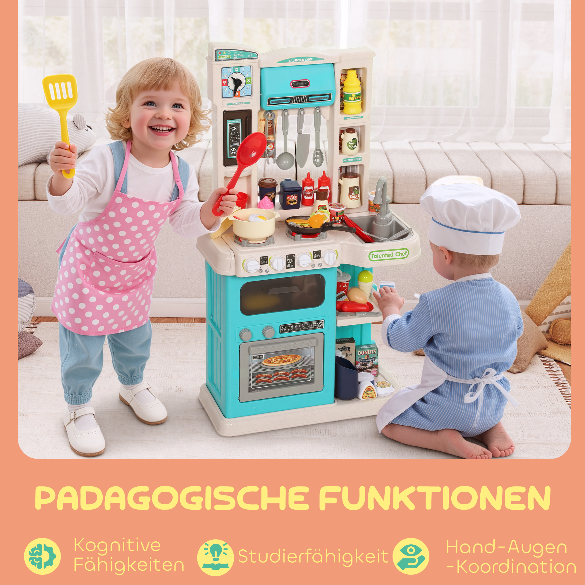 92-teiliges Küchenset für Kinder, Wasserhahn, Kunststoff, 3-6 Jahre, Grün