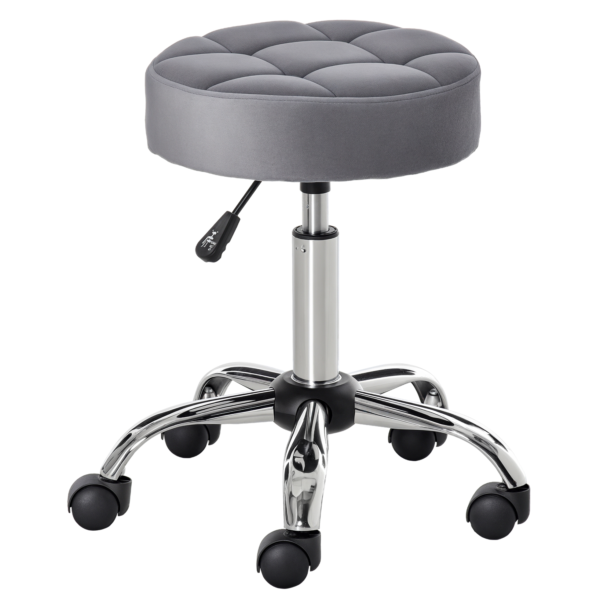 Salonstuhl mit Rädern Rollhocker höhenverstellbar drehbar Salon Hocker Samt-Touch Schaumstoff Chrom-Basis Hellgrau 35 x 35 x 49-61 cm