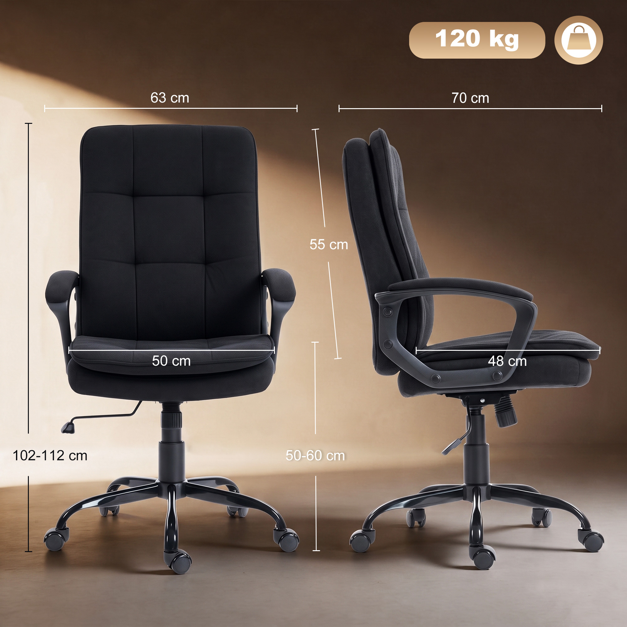 Chefsessel mit doppellagiger Polsterung, Bürostuhl aus Stoff, höhenverstellbar, mit Armlehnen, Schwarz