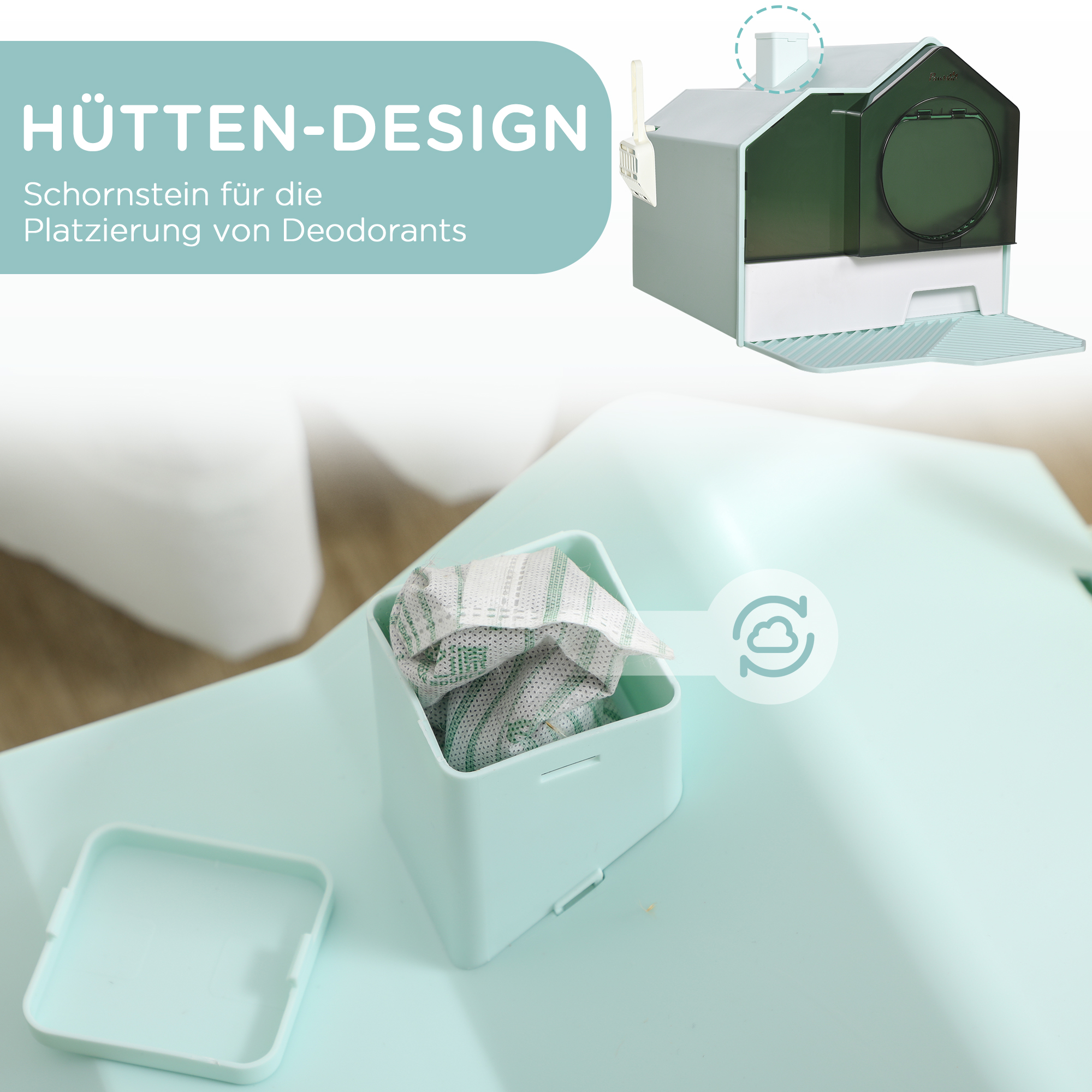 Katzentoilette Katzenklo, Hütten-Design, 1 Siebvorleger, 1 Streuschaufel, herausnehmbare Bodenwanne, Grün + Weiß