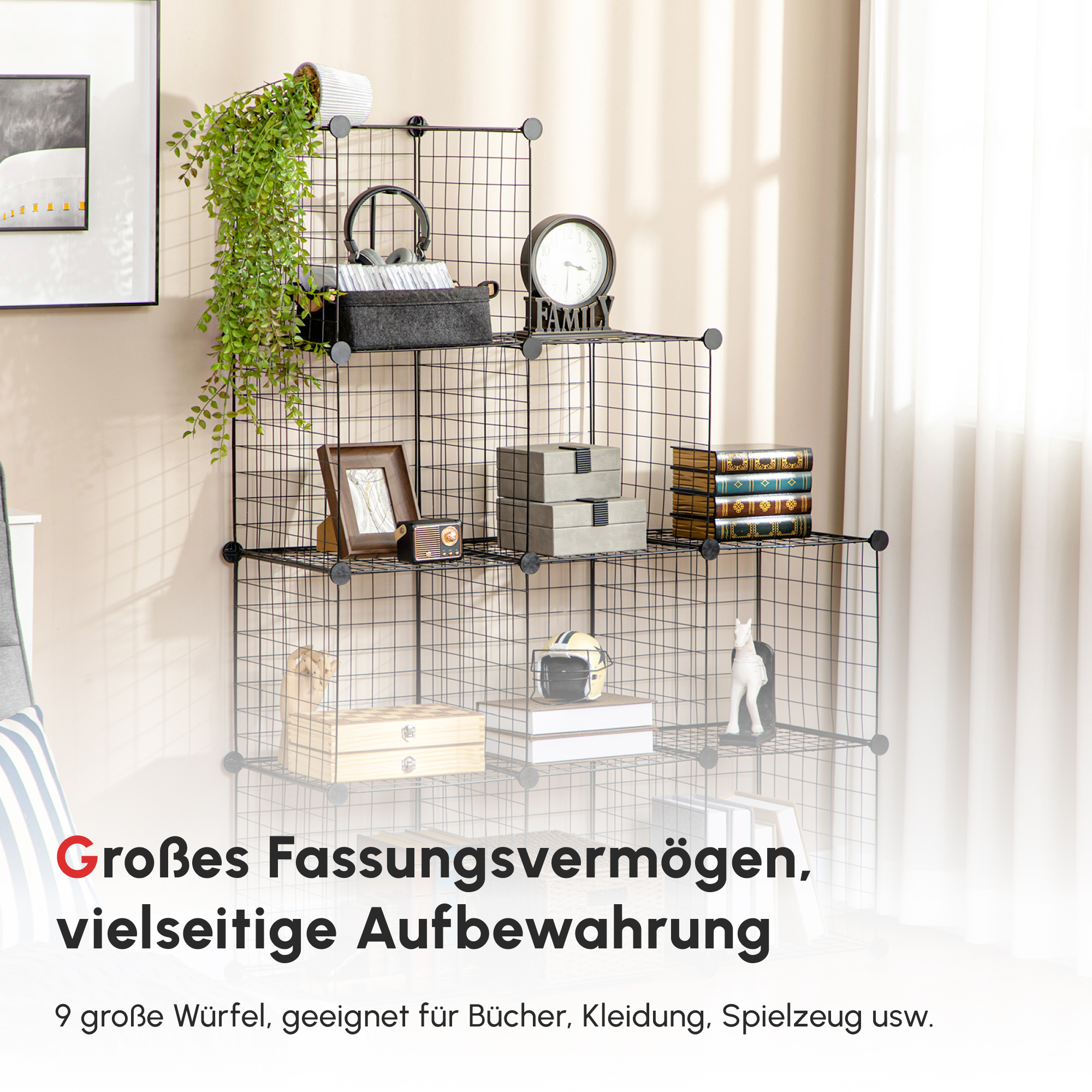 Steckregal, Würfelregal, Schuhregal, 9 Würfel, modularer Aufbau, Stahl, schwarz, 35 x 35 x 35 cm je Würfel