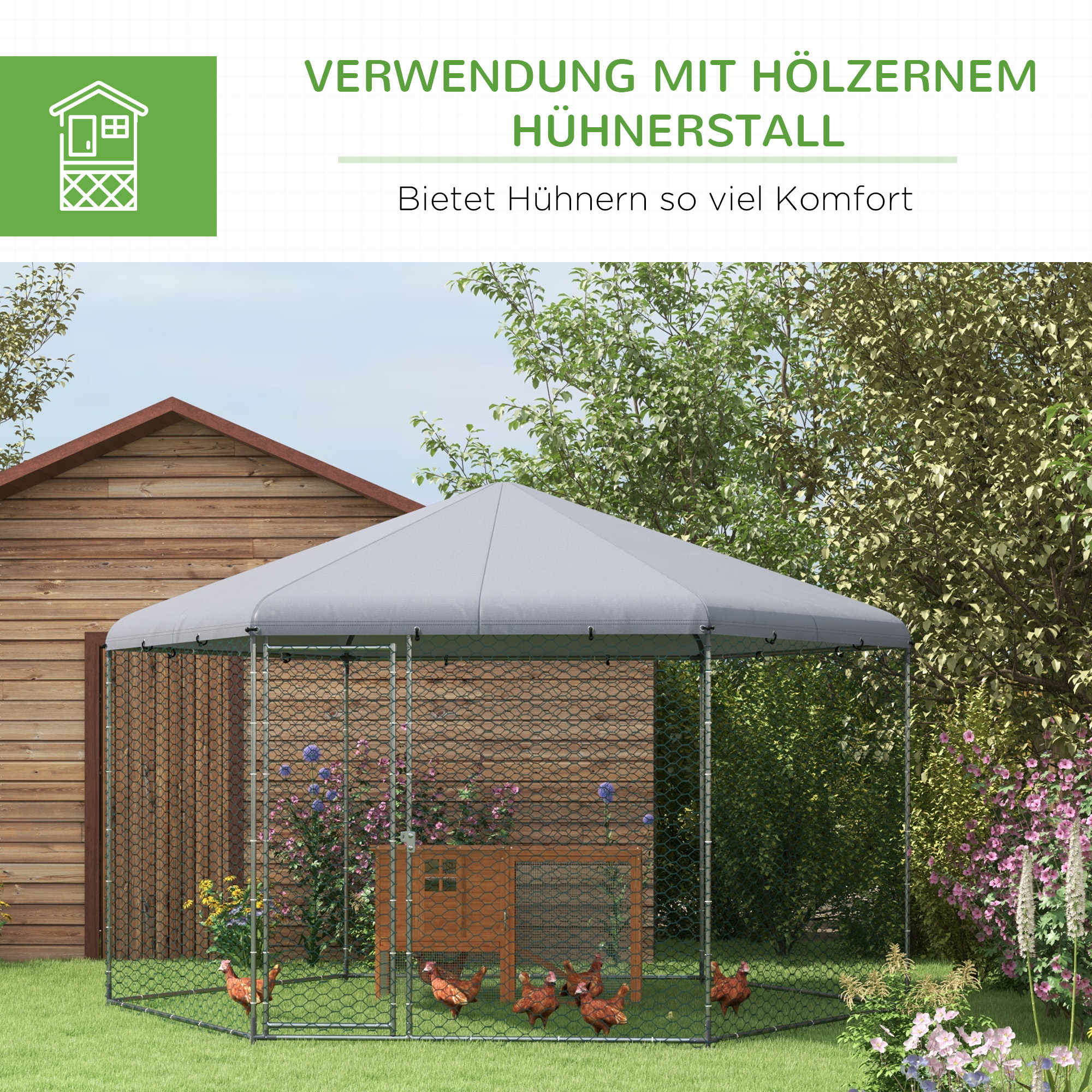 Hühnergehege mit schattenspendendem Dach, verzinktes Stahl, für 10-15 Tiere, Silber