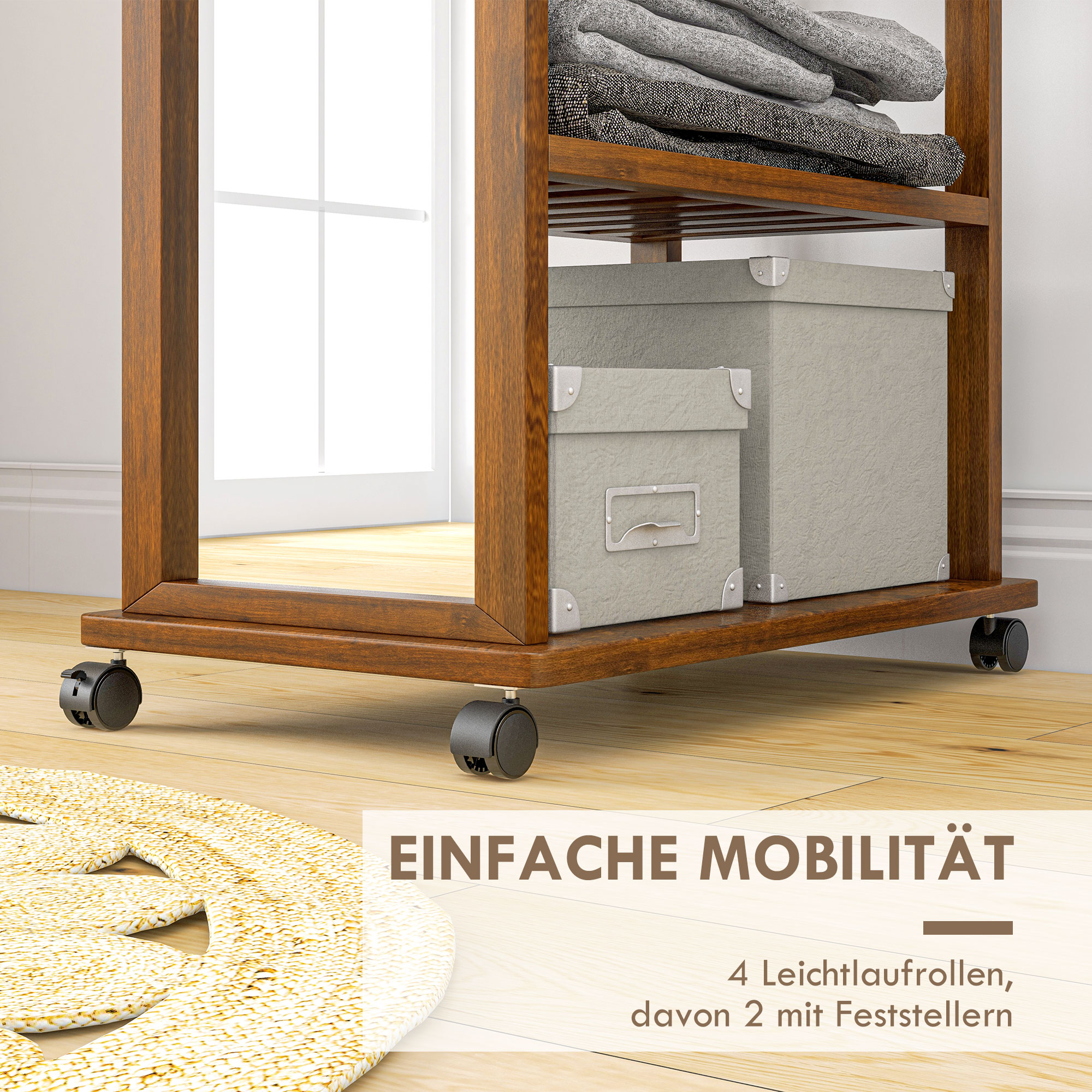 2-in-1-Spiegel Spiegel Ganzkörperspiegel Garderobe, 1 Kleiderstange, 3 Regale, 35,8 x 59,8 x 170 cm, Natur