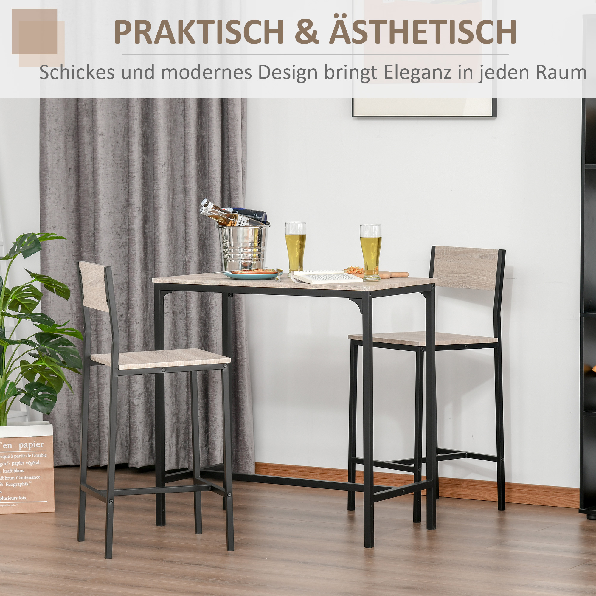 Bartisch Set Bartisch mit Barhocker-Set Esstisch mit 2 Stühlen mit Rückenlehne Küchentisch für Esszimmer, Küche, Natur+Schwarz