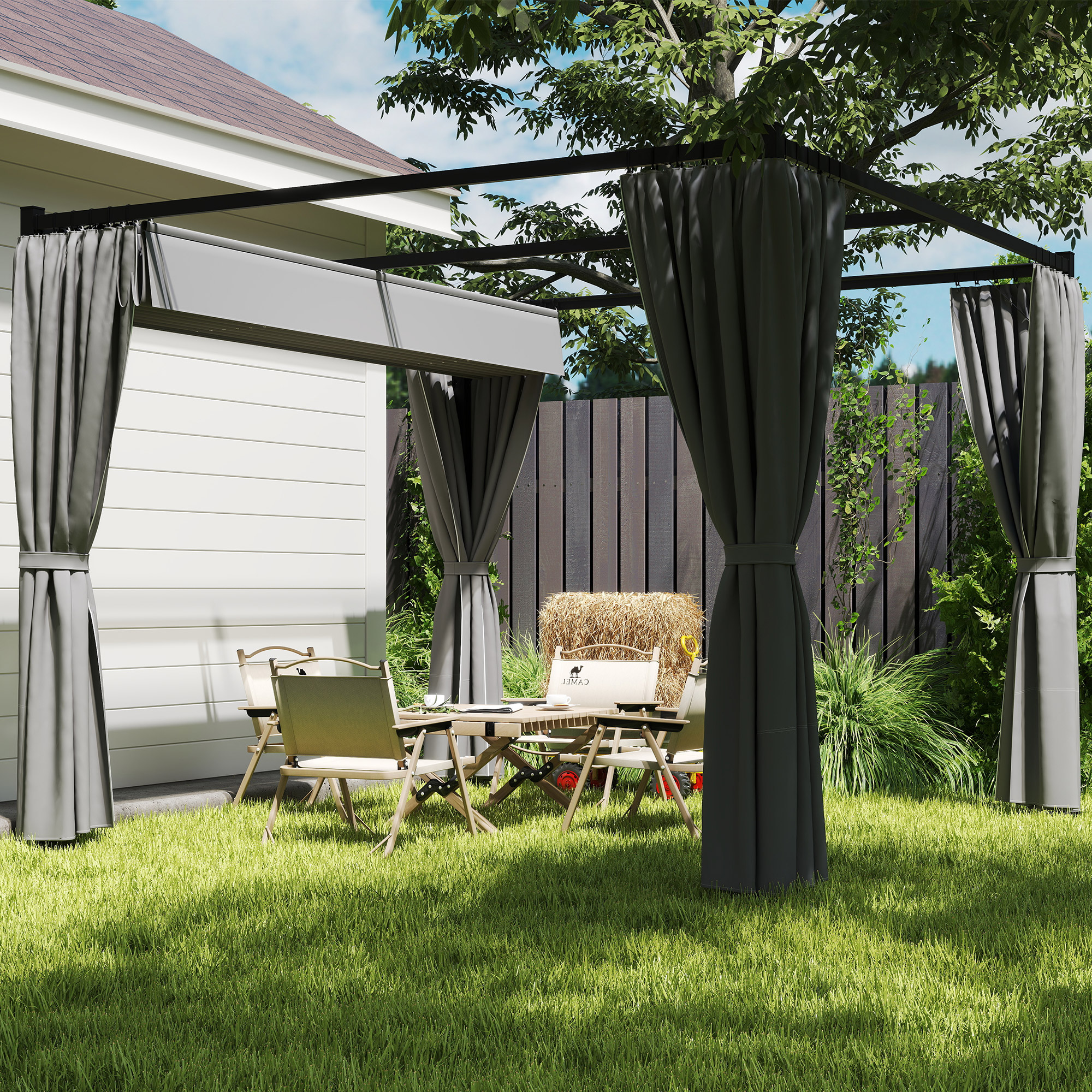 Pergola 3 x 3 m Freistehend Terrassenüberdachung mit Schiebedach, 4 Seitenwände UV-beständig Hellgrau