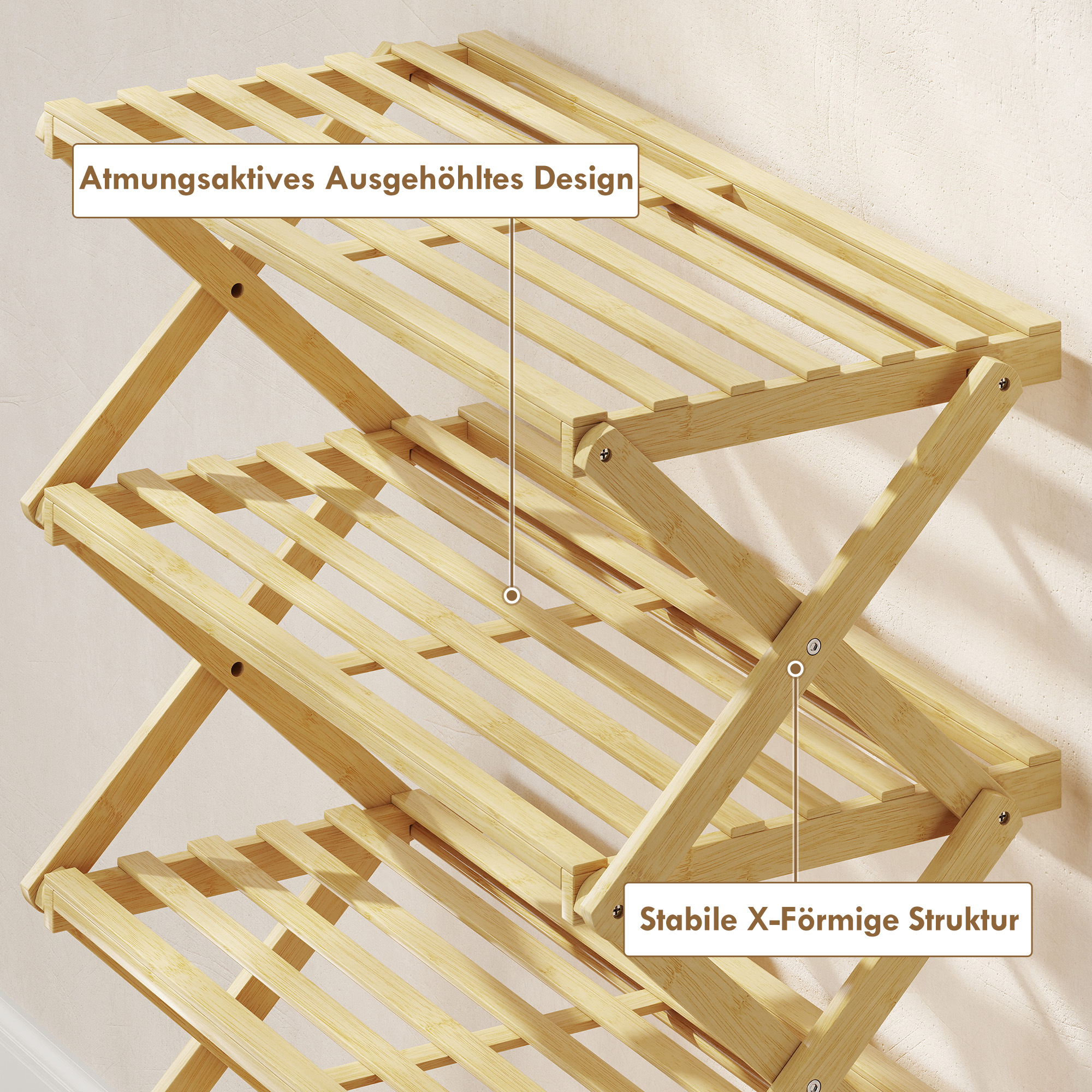 Schuhregal mit 4 Ebenen, Schuhablage aus Bambus,für bis zu 12 Paar Schuhe, für Eingang, Flur, 60 x 29 x 67 cm, Natur