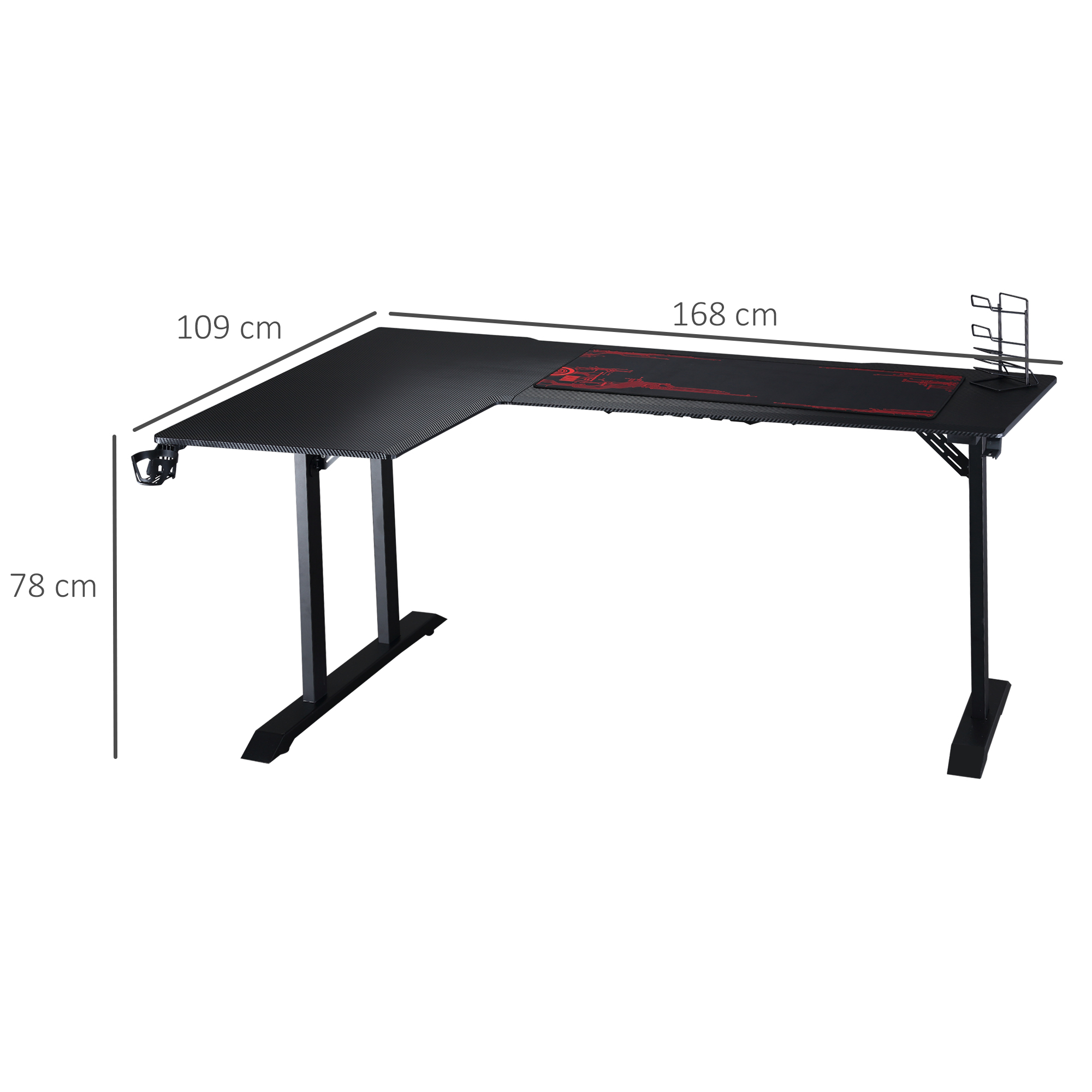 Gaming Tisch Schreibtisch L-förmige mit Kopfhörerhaken Getränkehalterung Computertisch MDF Metall Schwarz+Rot 168 x 109 x 78 cm