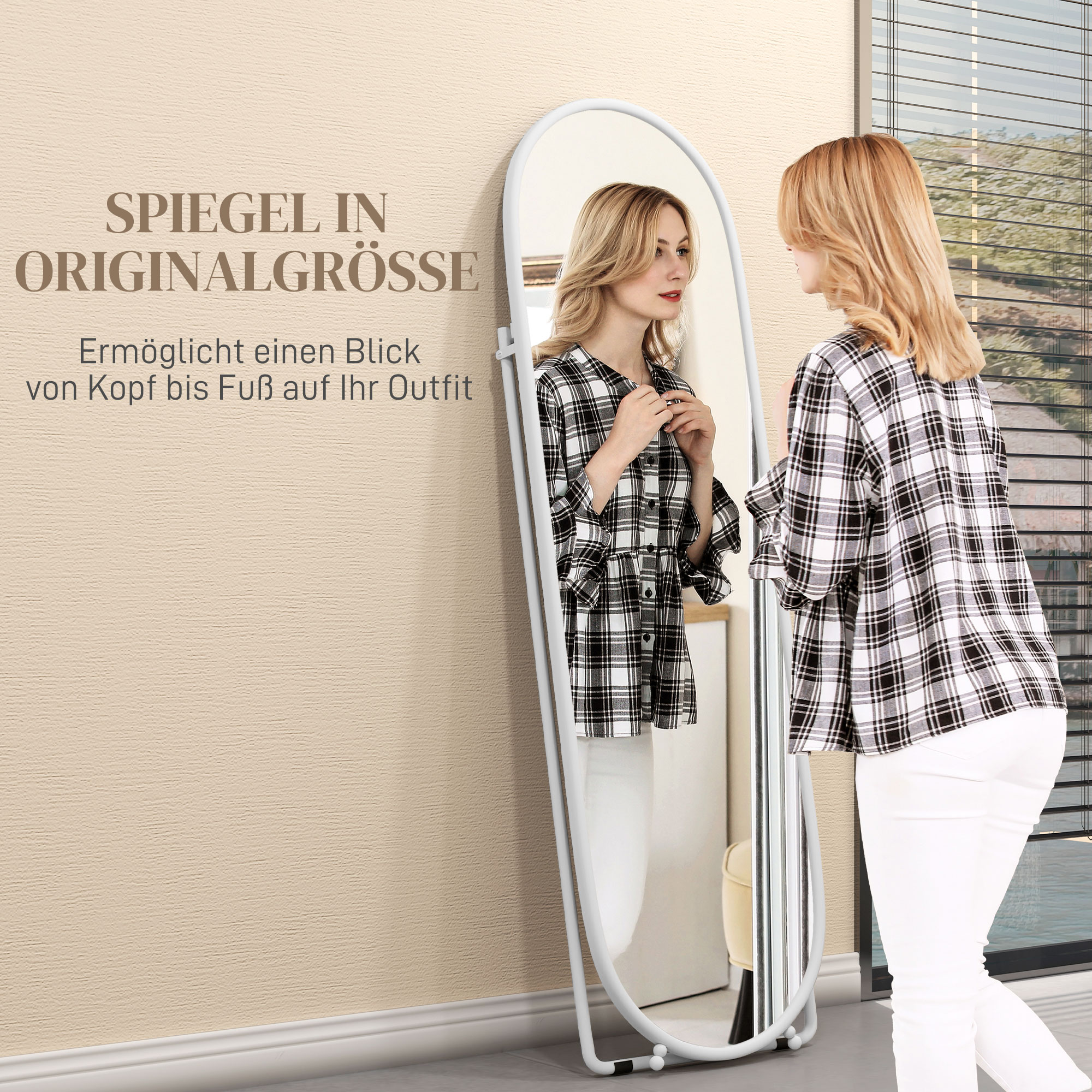 Ganzkörperspiegel, ovale Form, freistehend, Metallrahmen, 40x160cm, Farbe: Weiß