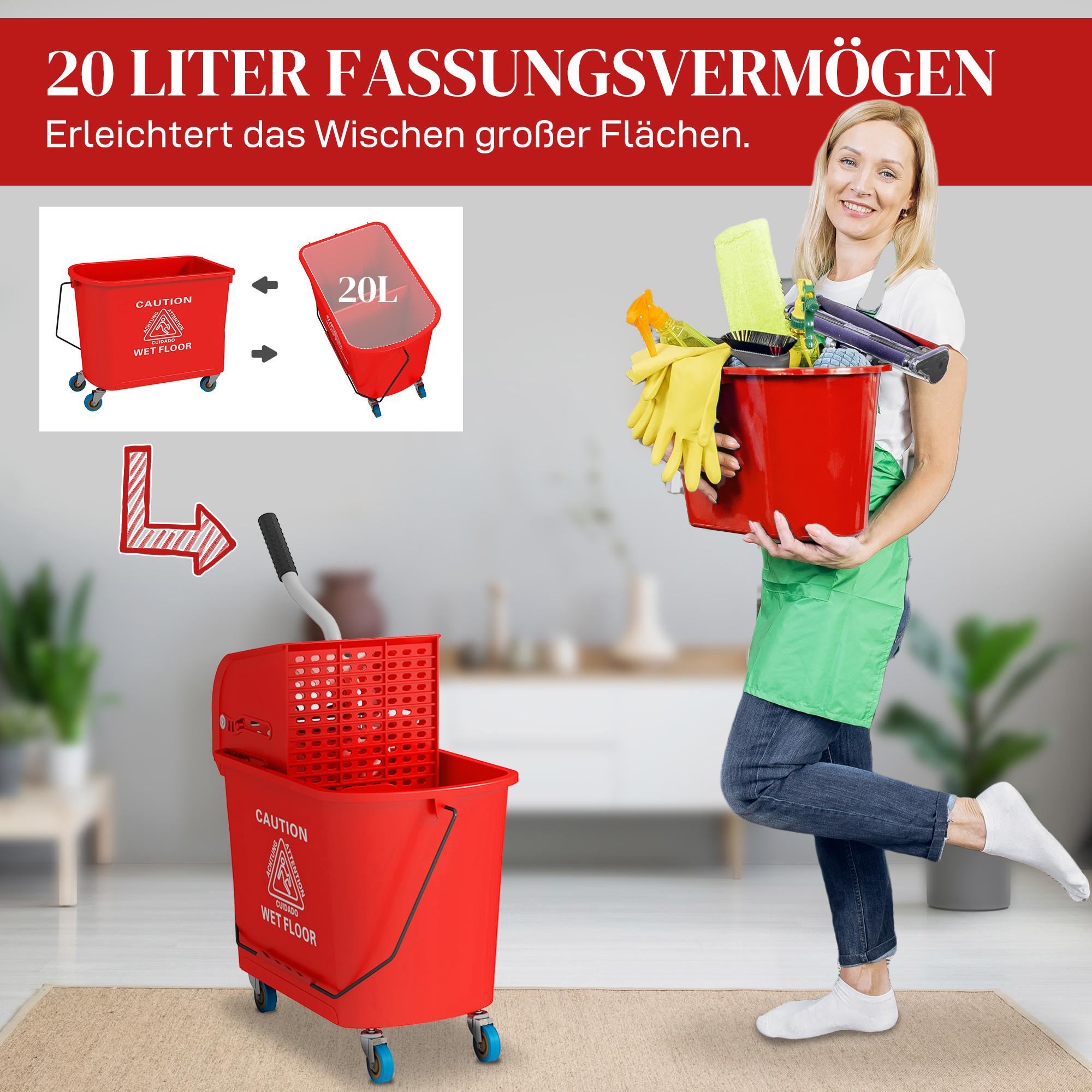20l Mopp-Eimer mit Auswringer und Griff, Wischmopp-Eimer auf Rädern, Kunststoff, Rot