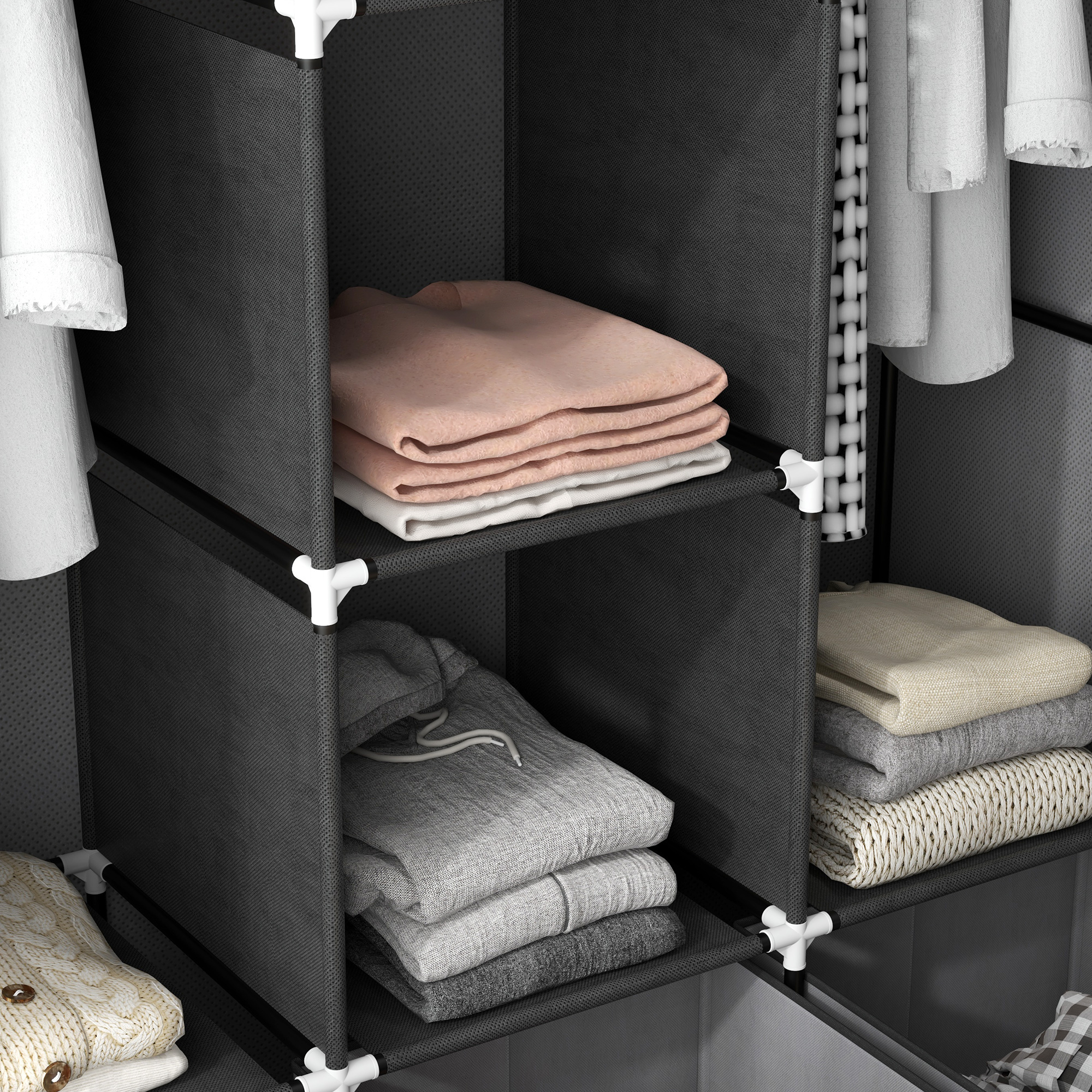 Stoffschrank aus Vlies, Faltschrank, inkl, 3 Schubladen, 125 cm x 43 cm x 162,5 cm, Grau