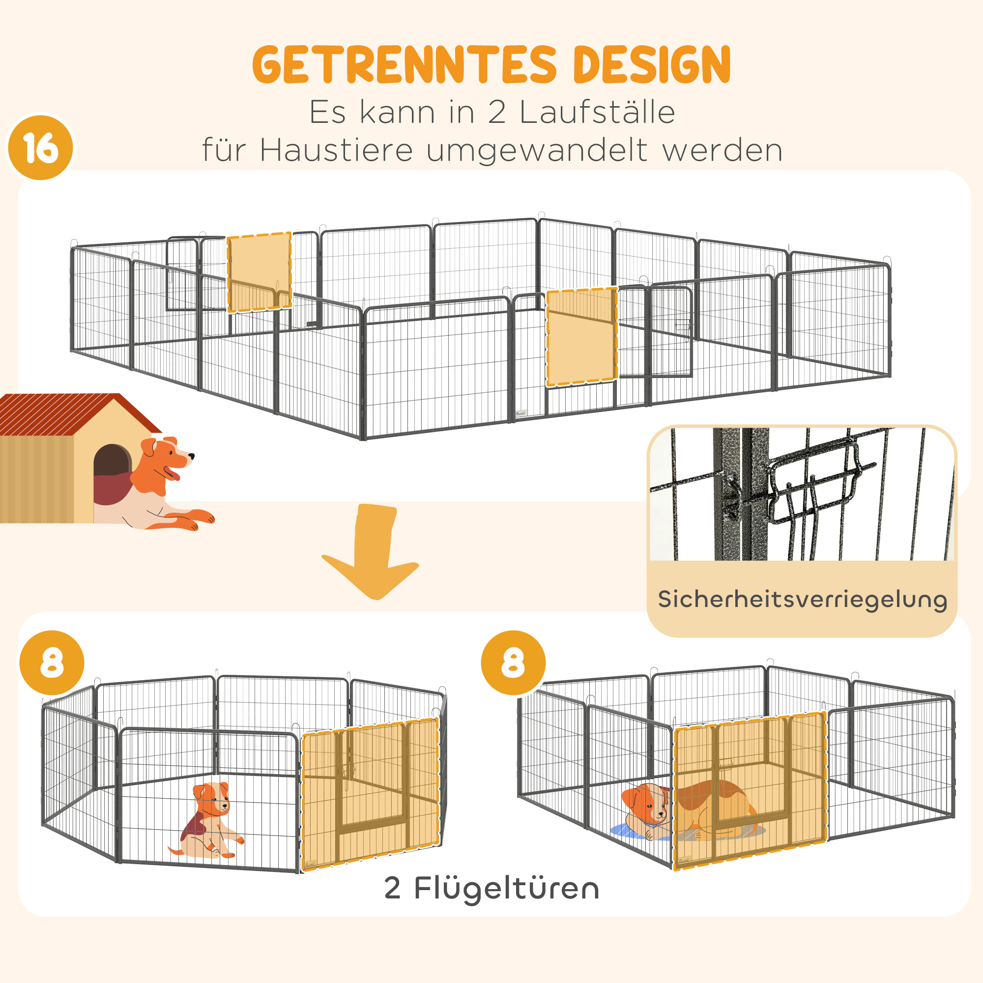 Welpenauslauf Freigehege 16 Segmente 60 cm Hoch Laufstall für Haustier welpengitter Zaun Laufgitter Laufstall Hundegehege Outdoor Gitter Welpen gestaltbar mit 2 Tür Stahl Grau