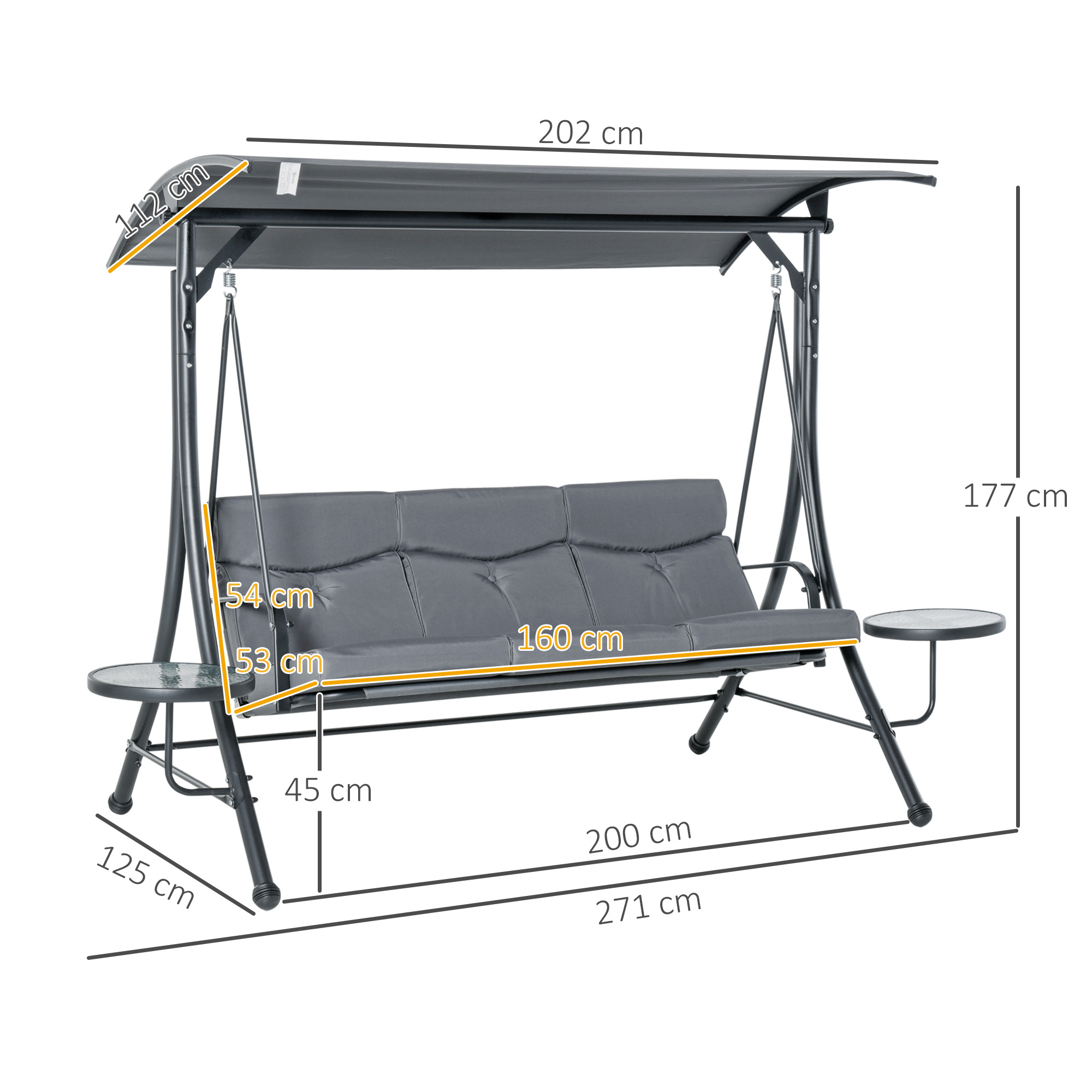 Hollywoodschaukel 3-Sitzer Gartenschaukel Schaukelbank mit verstellbarem Sonnendach Teetisch Stahl Polyester Grau+Schwarz 271 x 125 x 177 cm