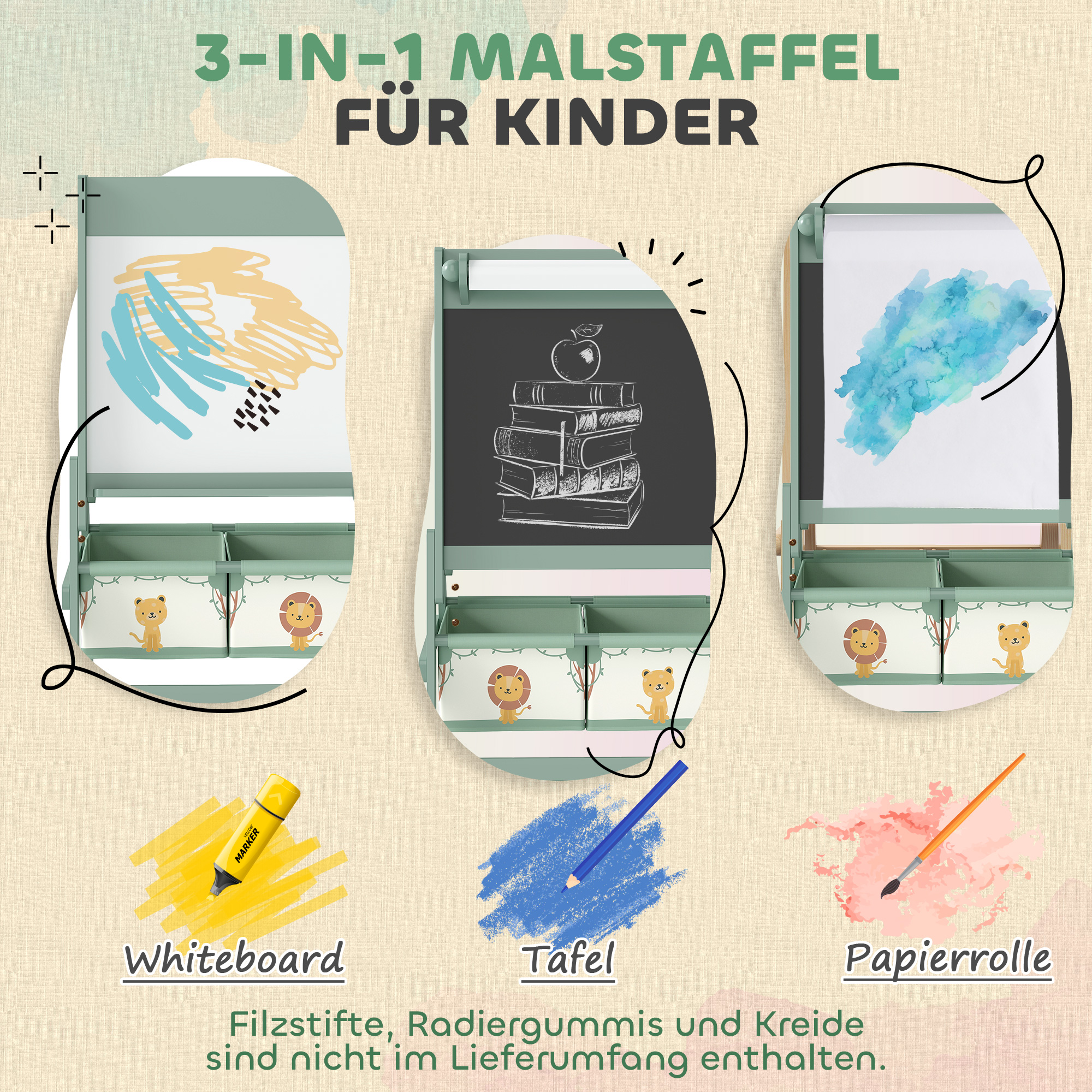 Kinder Staffelei 3 in 1 Kindertafel mit Kreidetafel, Whiteboard, Papierrolle, 2 Aufbewahrungsboxen, für 3-8 Jahre Grün