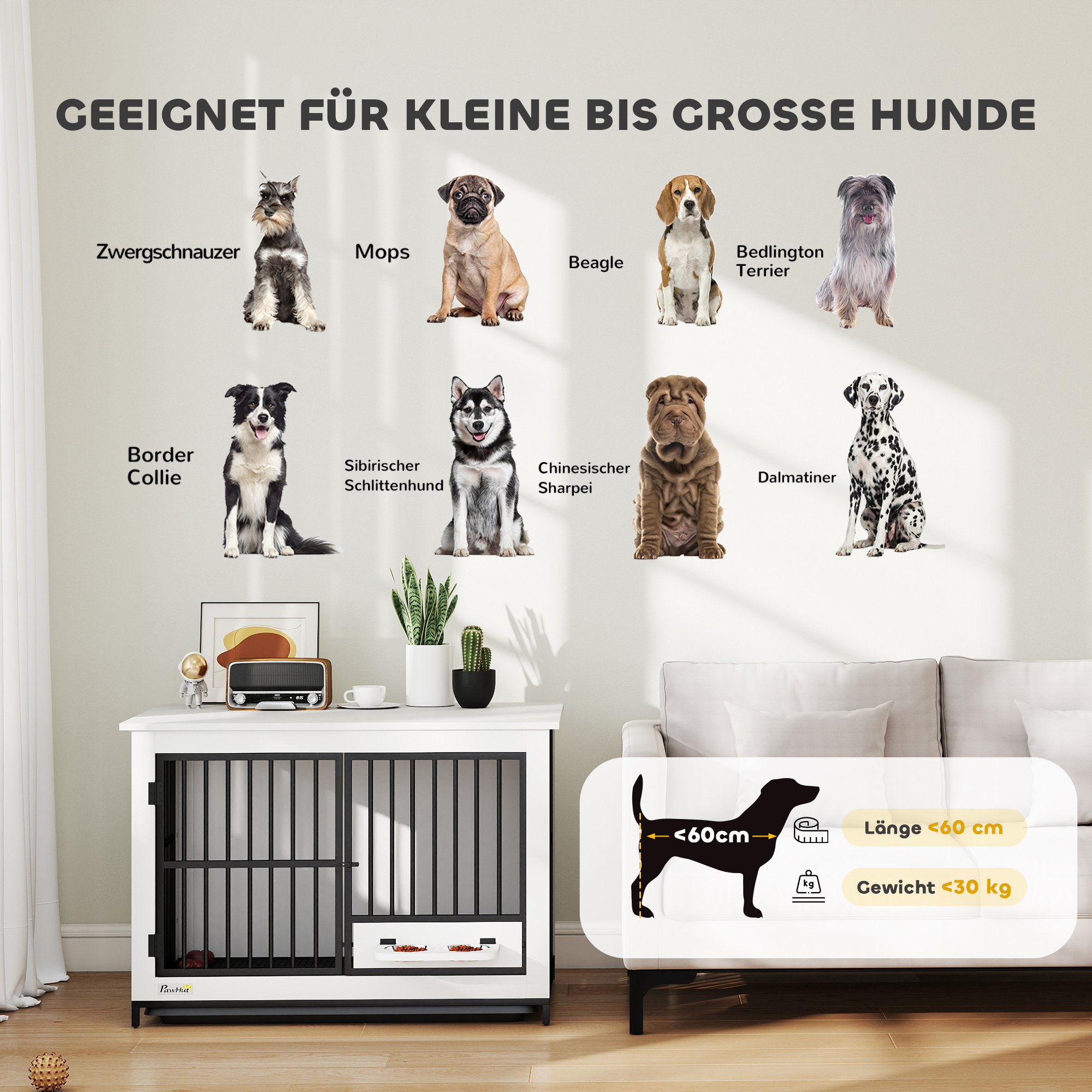 Große Hundebox, einfacher Zugang, verschließbar, drehbarer Schüsselhalter, für kleine und große Hunde, Weiß