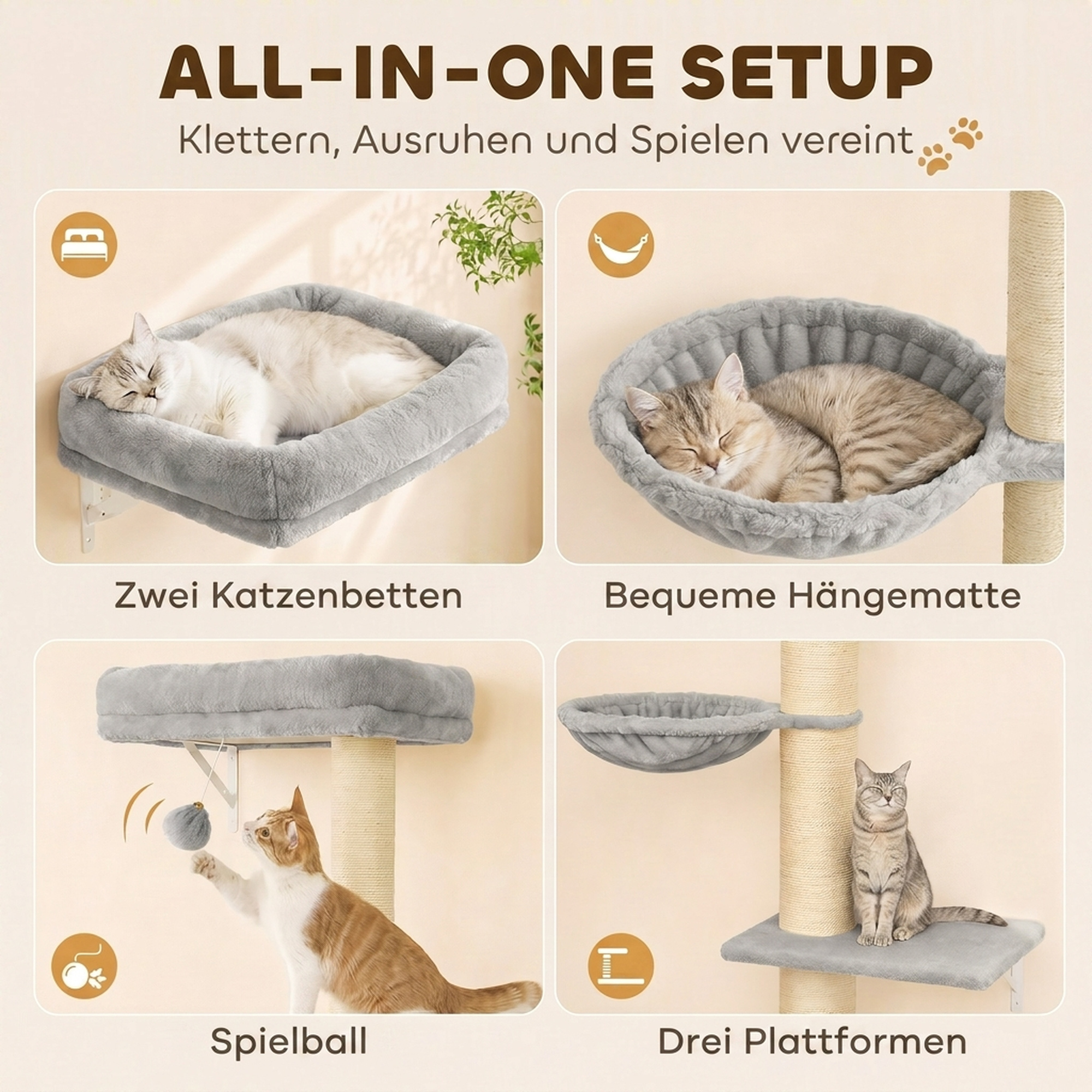 Kletterwand Katzen, 3-teilig Katzenkletterwand Set, Katzen Wandelemente mit Kratzbaum, Plattformen Hängematte