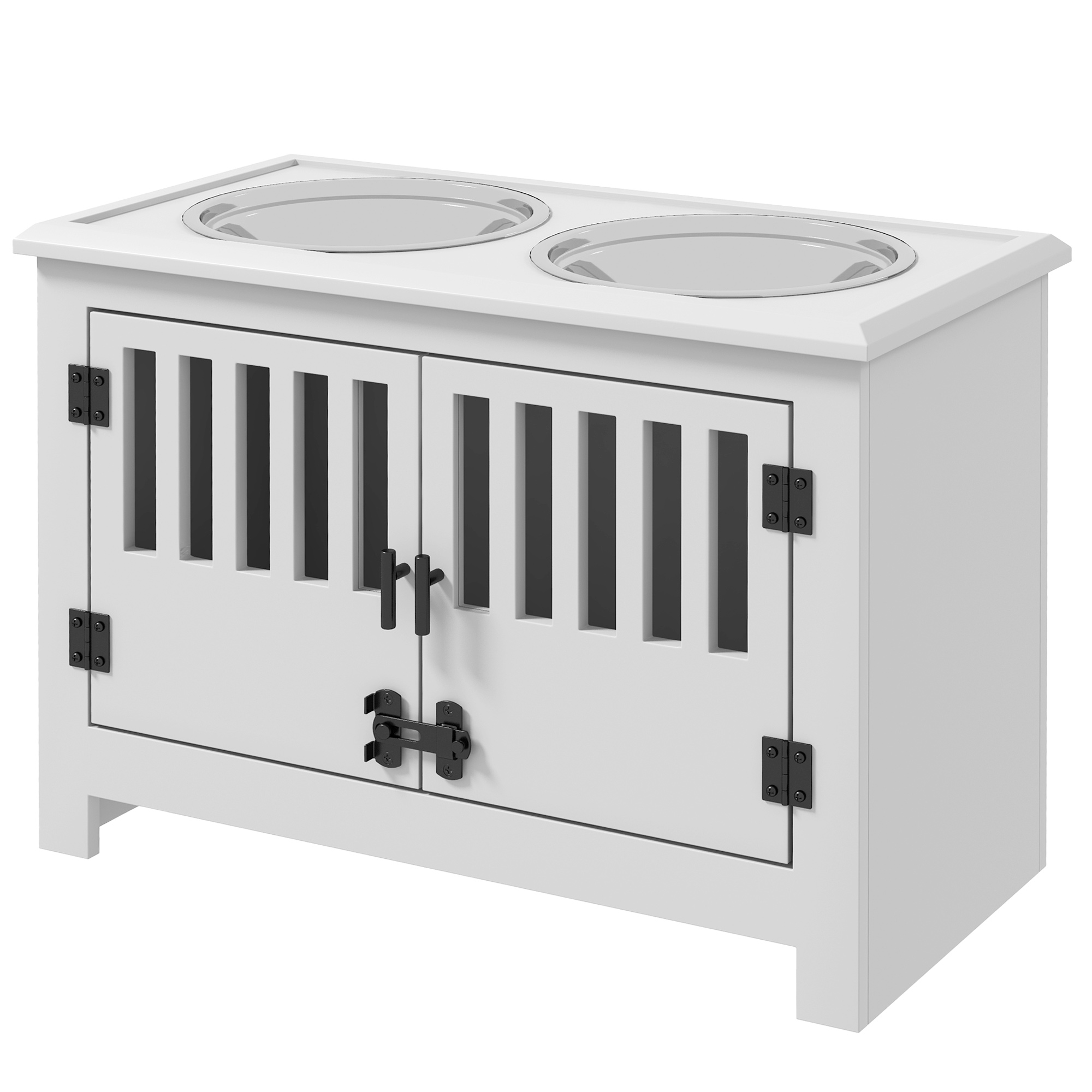 erhöhte Futterstation für große Hunde, 2 Edelstahlnäpfe, Stauraum, 35,5x60x30 cm, Weiß