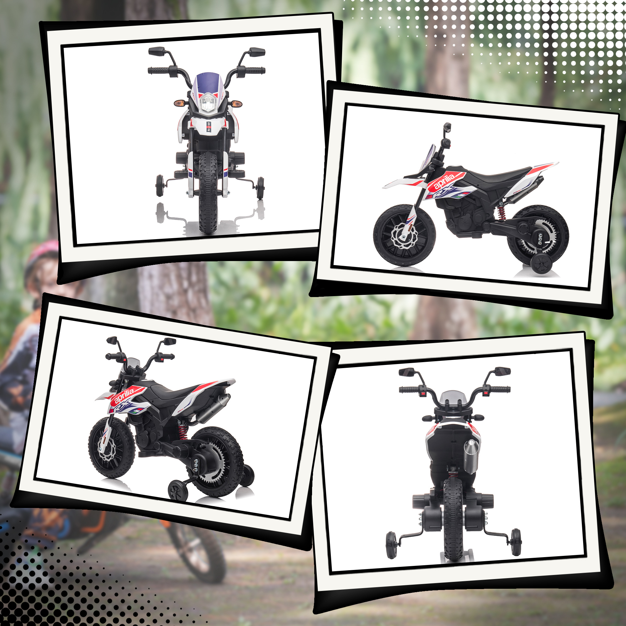 12V Kinder-Motorrad mit Stützrädern, LED-Lichtern, Musik, USB, Elektro-Motorrad für Jungen und Mädchen, Weiß