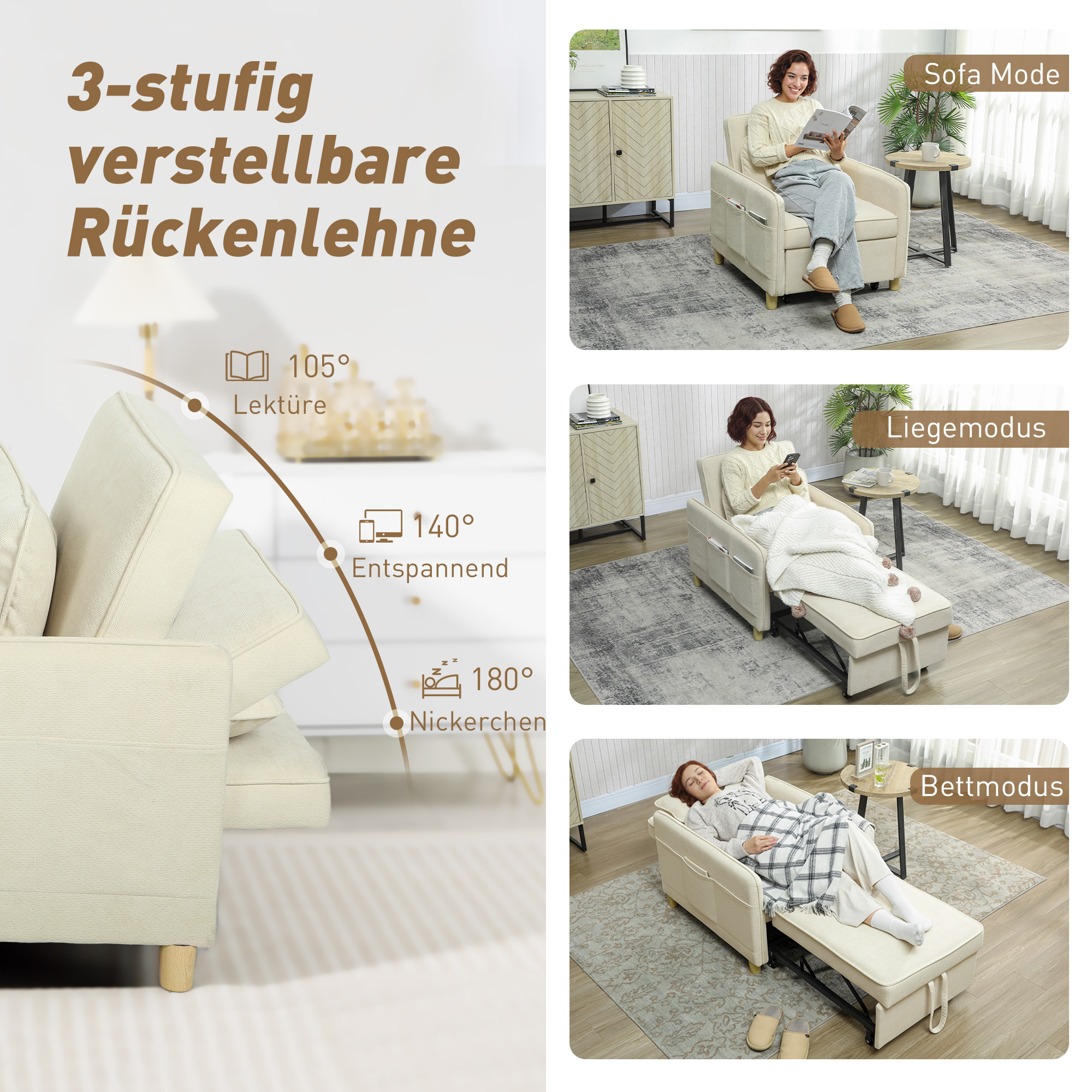 Schlafsessel 3 in 1 Umwandelbarer Sessel mit Bettfunktion, Breiter Sitzfläche für Wohnzimmer, Beige